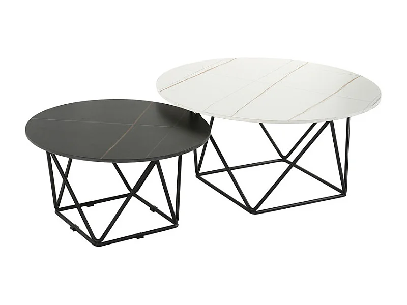 Set de 2 tables basses rondes noir et blanc céramique marbrée - ASHE