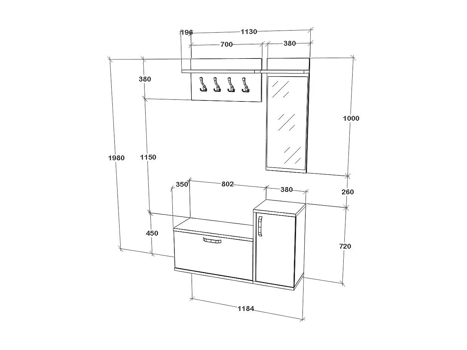 Garderobe Cairo, Eiche Weiß/Anthrazit, 113 x 35 x 198 cm