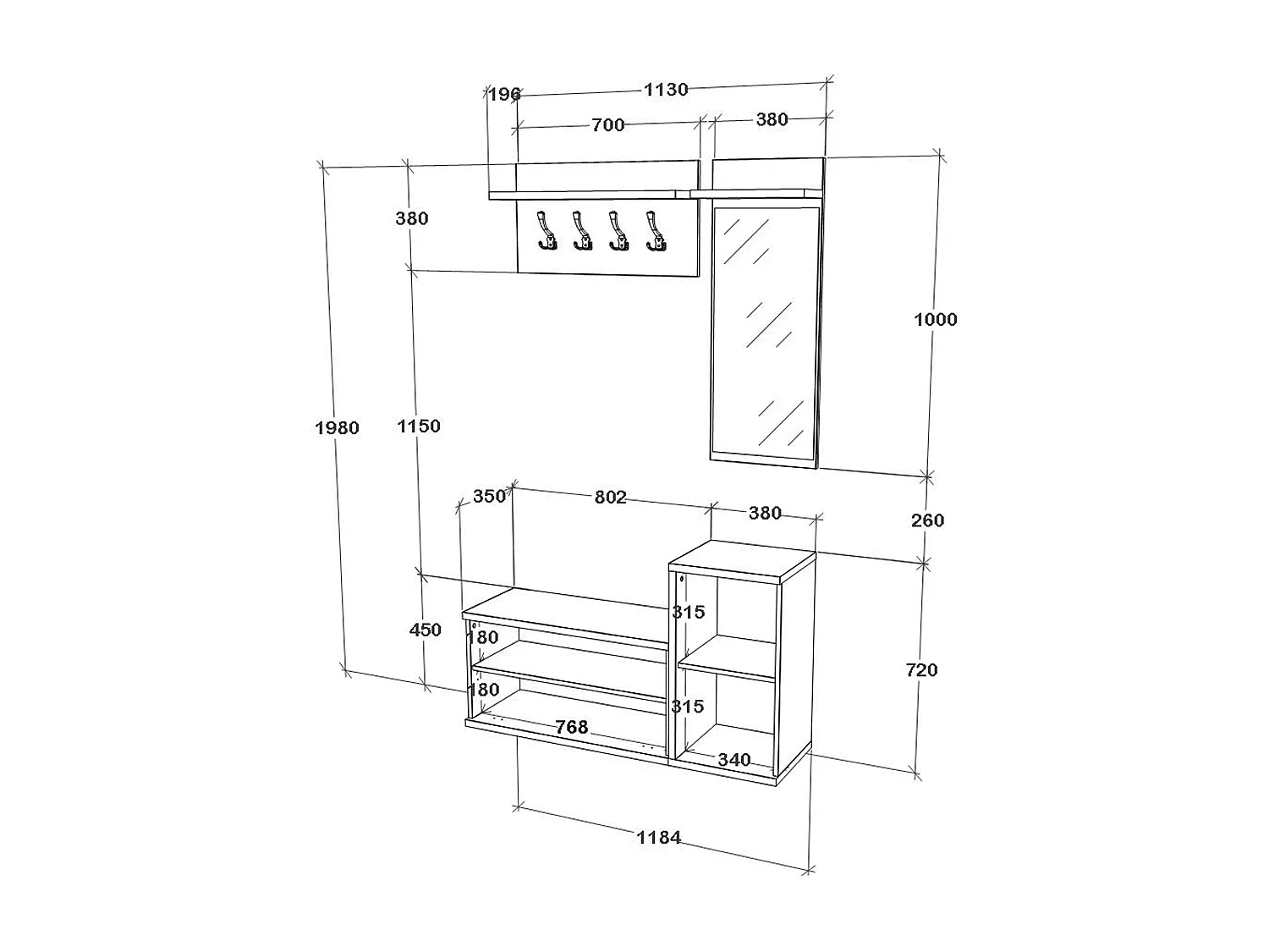 Garderobe Cairo, Eiche Weiß/Anthrazit, 113 x 35 x 198 cm