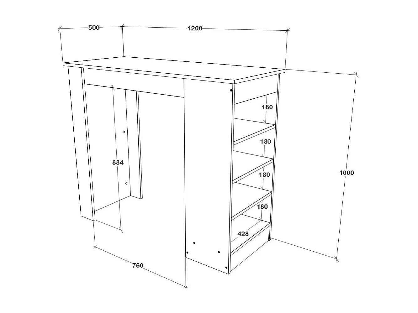 Bar table haaus Vista, 4 shelves, White/Artisan Oak, 120 x 50 x 100 cm