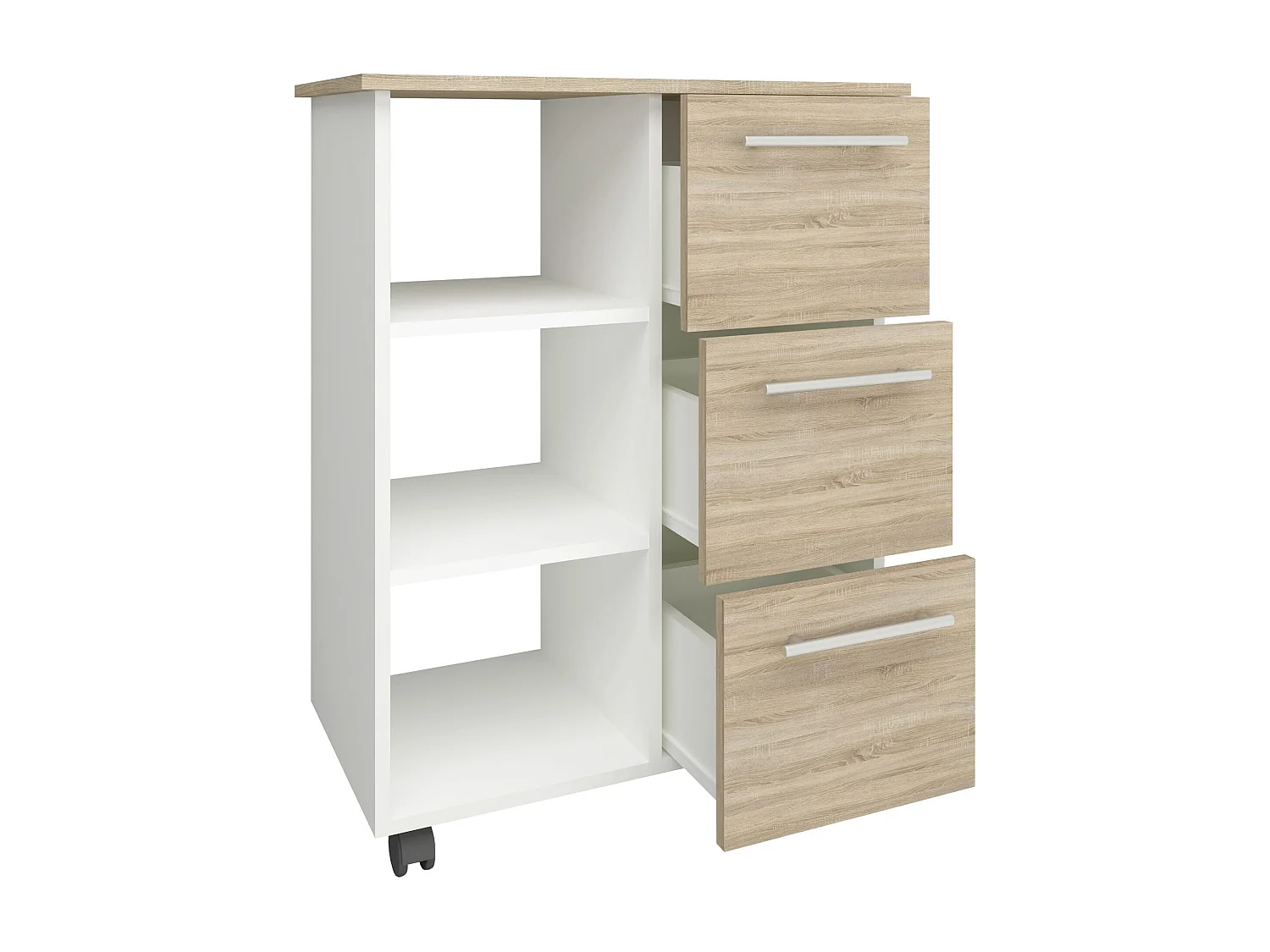 Mueble auxiliar haaus Loma, 3 cajones, 3 estantes, Roble Sonoma/Blanco, 64 x 35 x 85 cm