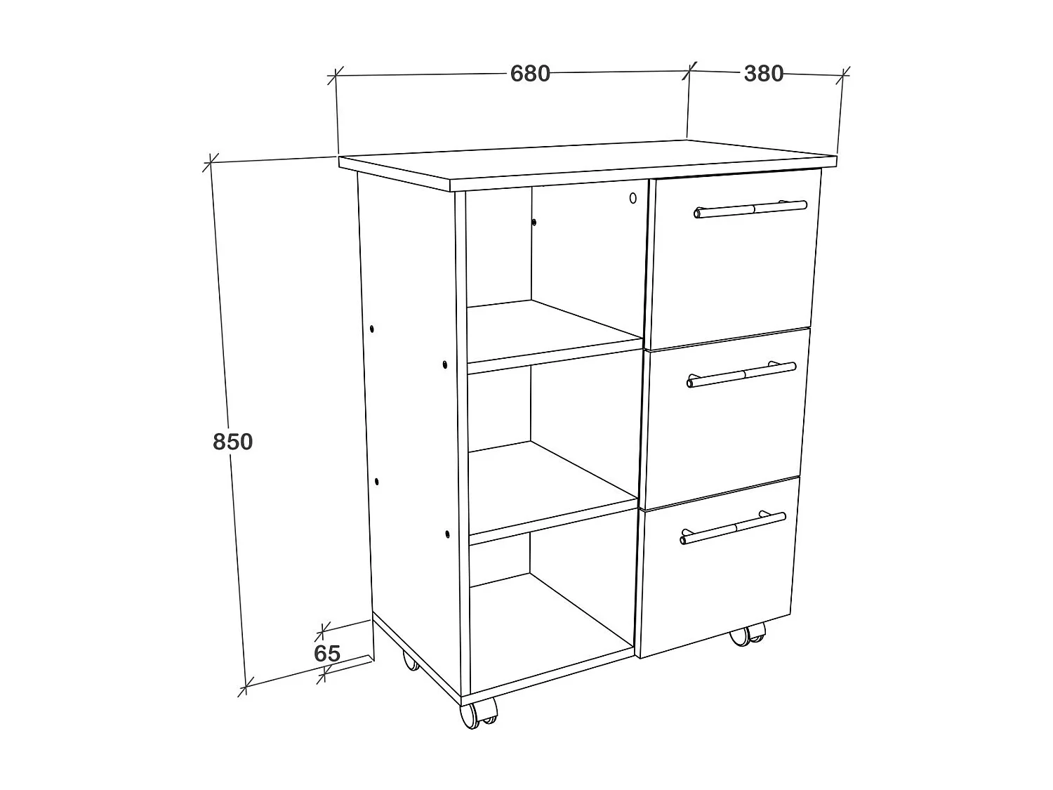 Mueble auxiliar haaus Loma, 3 cajones, 3 estantes, Roble Sonoma/Blanco, 64 x 35 x 85 cm