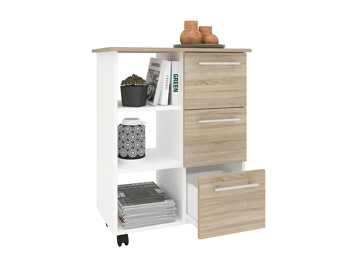 Meuble mobile haaus Loma, 3 tiroirs, 3 étagères, Chêne Sonoma/Blanc, 64 x 35 x 85 cm