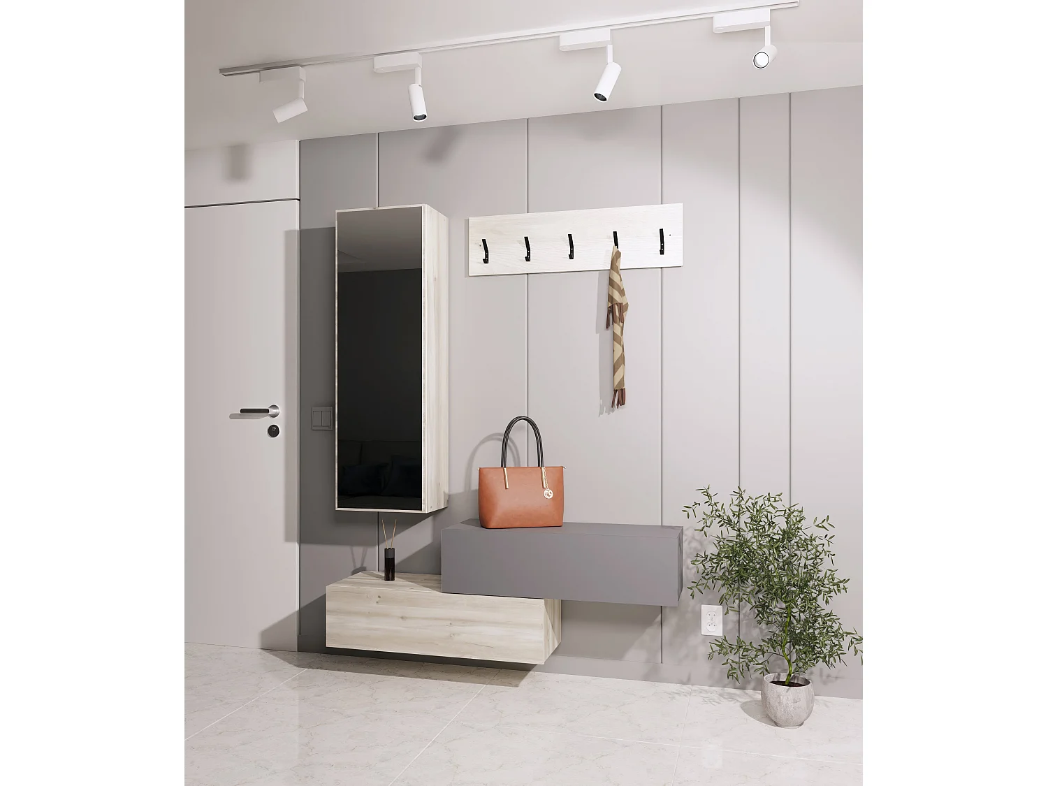 Garderobe Diego, Eiche Weiß/Anthrazit, 140 x 28 x 180 cm