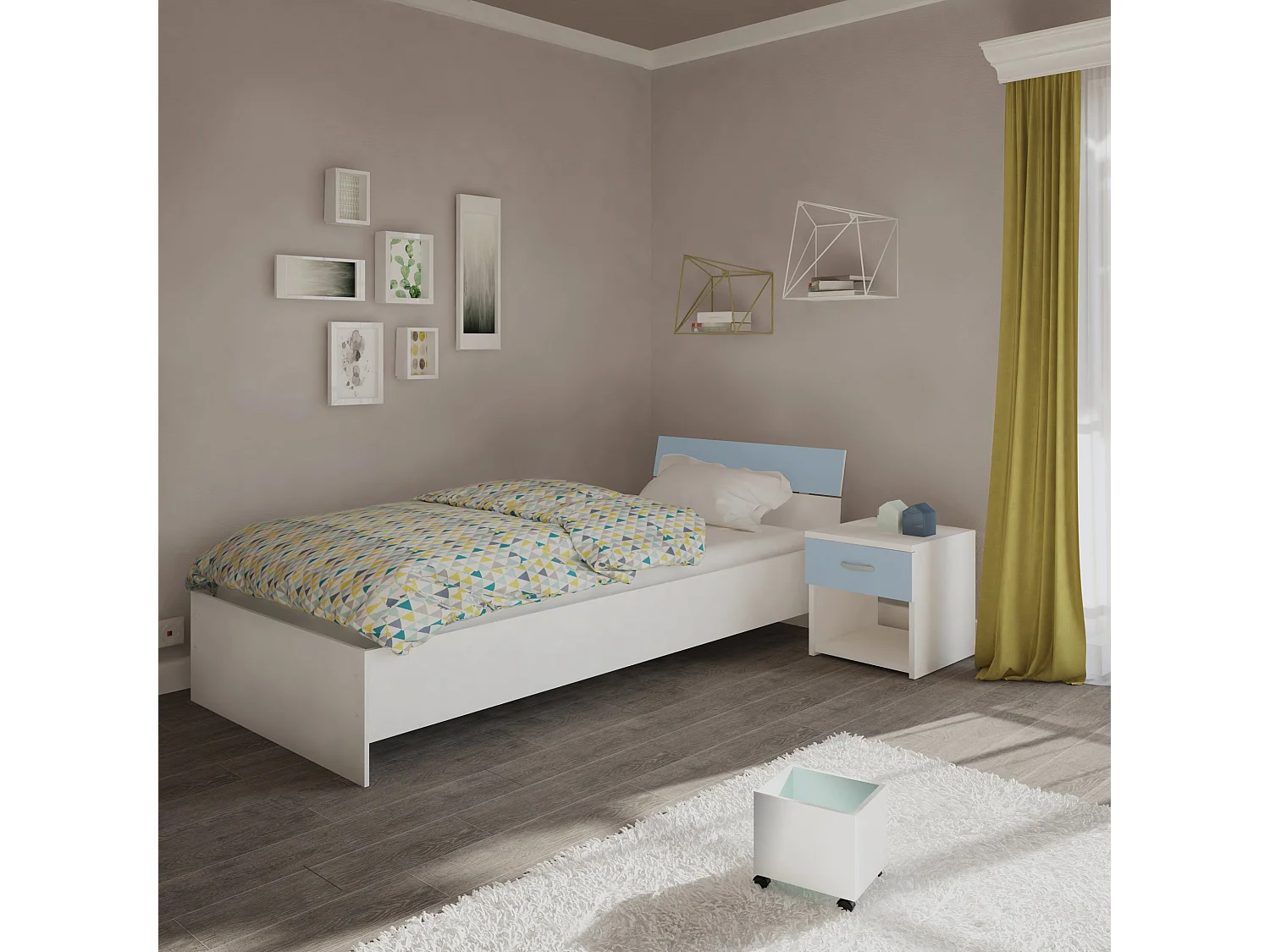 Conjunto de 2 mesinhas de cabeceira haaus Leco, 1 gaveta, Branco/Azul, 40 x 35 x 40 cm