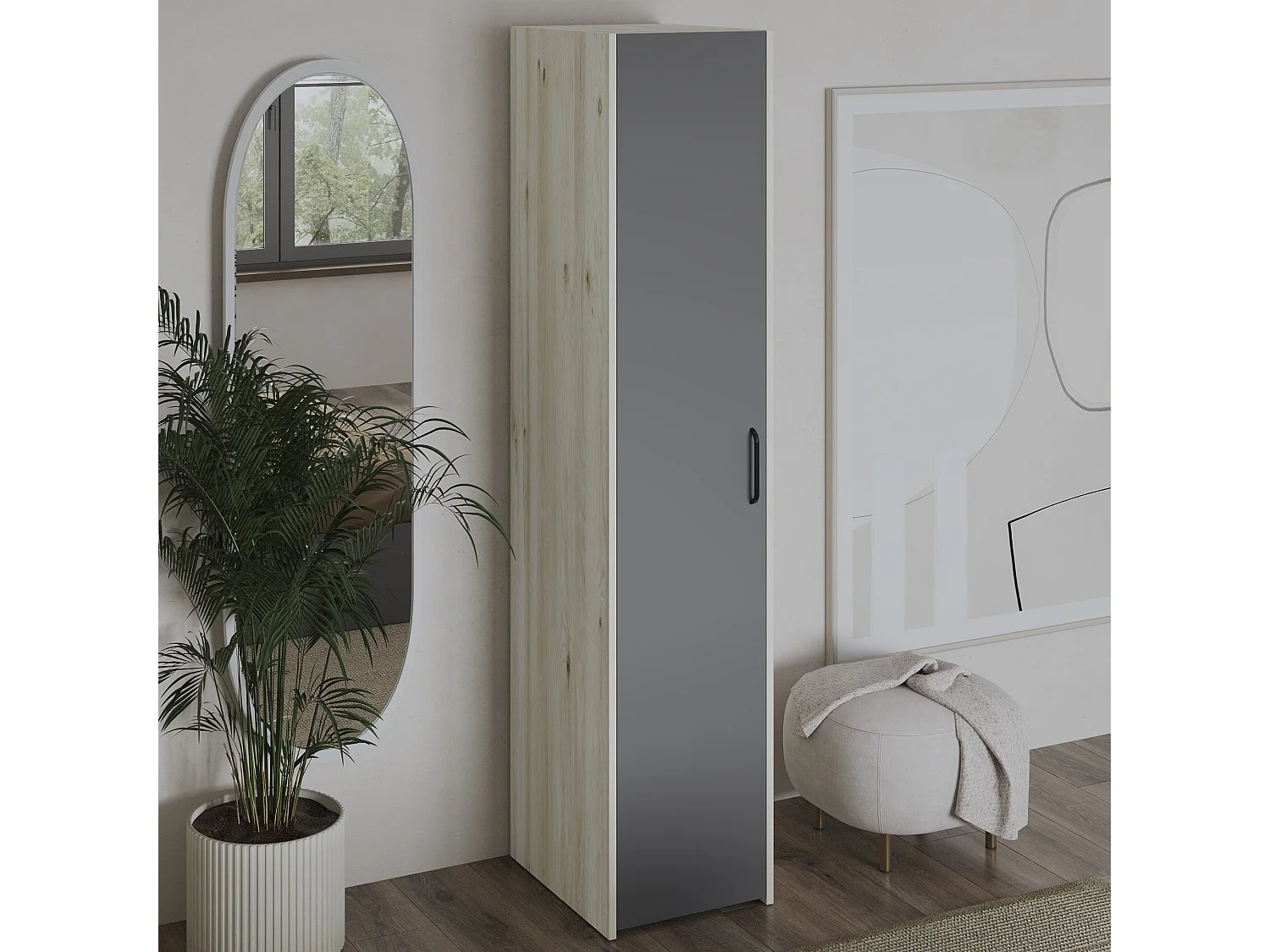 Armadio haaus Malmo, 1 anta, con ripiani, Rovere Bianco/Antracite, 42 x 52 x 200 cm