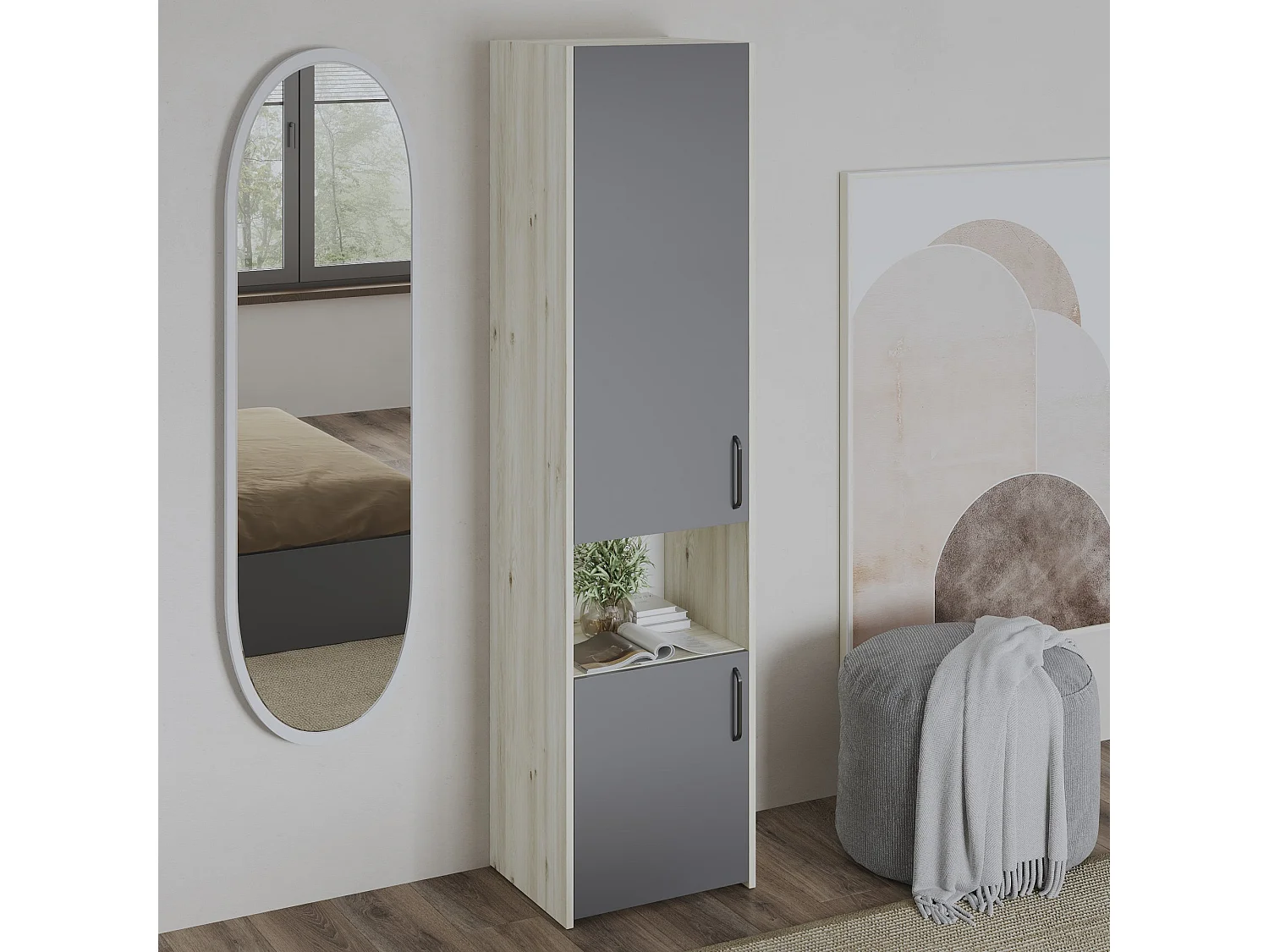 Kledingkast Malmo, 2 Deuren, met opbergruimte, Wit eiken/Antraciet, 50 x 42 x 200 cm