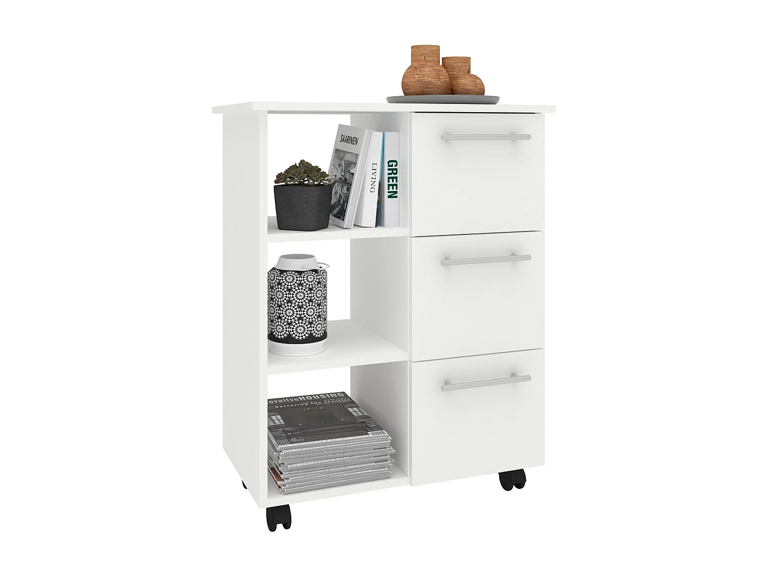 Meuble mobile haaus Loma, 3 tiroirs, 3 étagères, Blanc, 64 x 35 x 85 cm