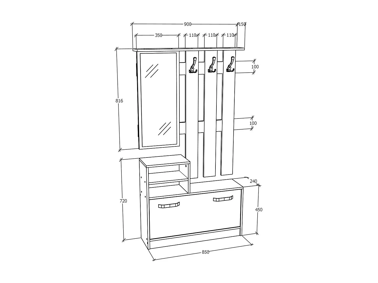 Porte-manteau Lyon, Chêne Blanc, L 85 x l 24 x H 180 cm