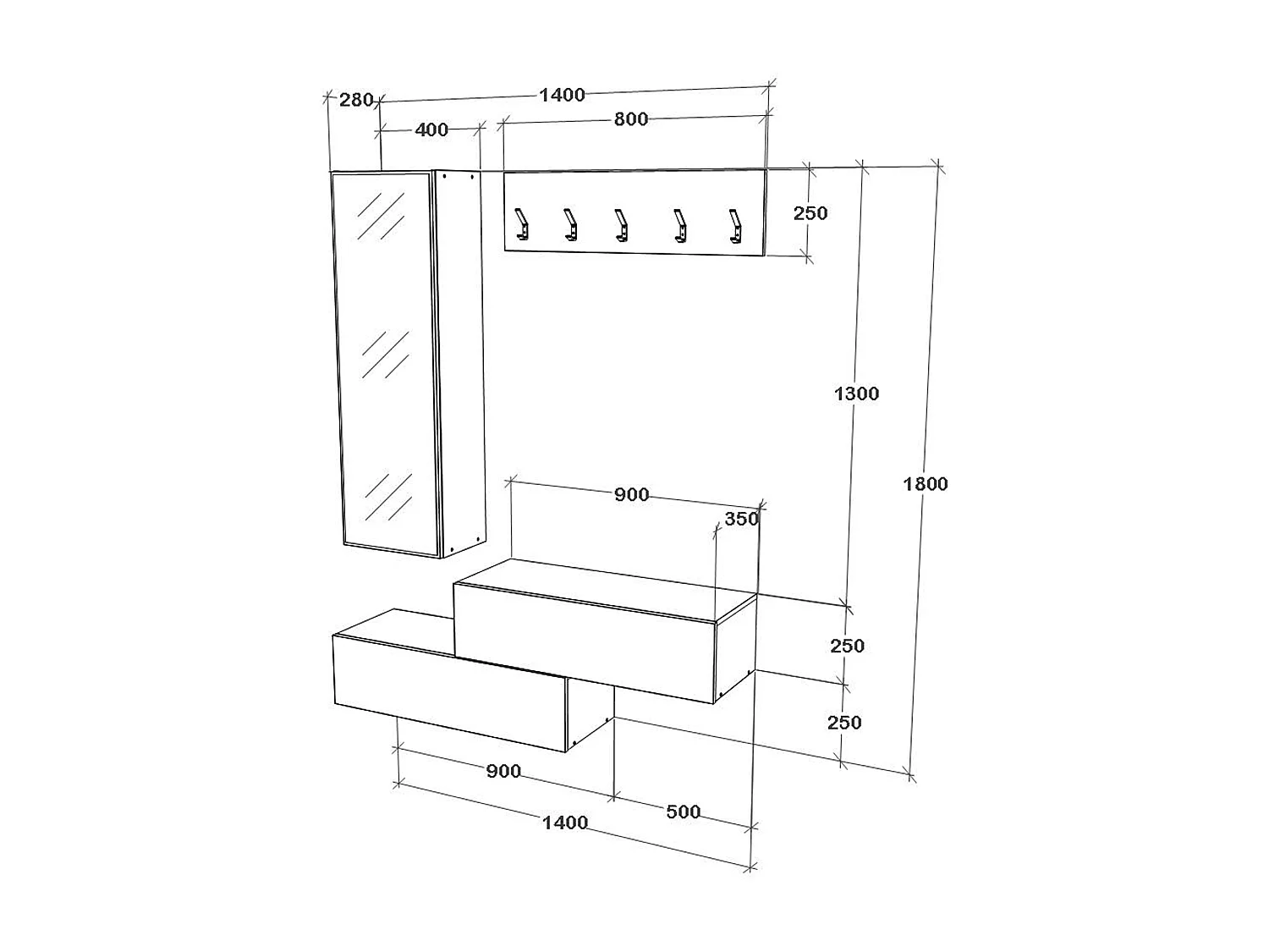 Garderobe Diego, Eiche Weiß/Weiß, 140 x 28 x 180 cm