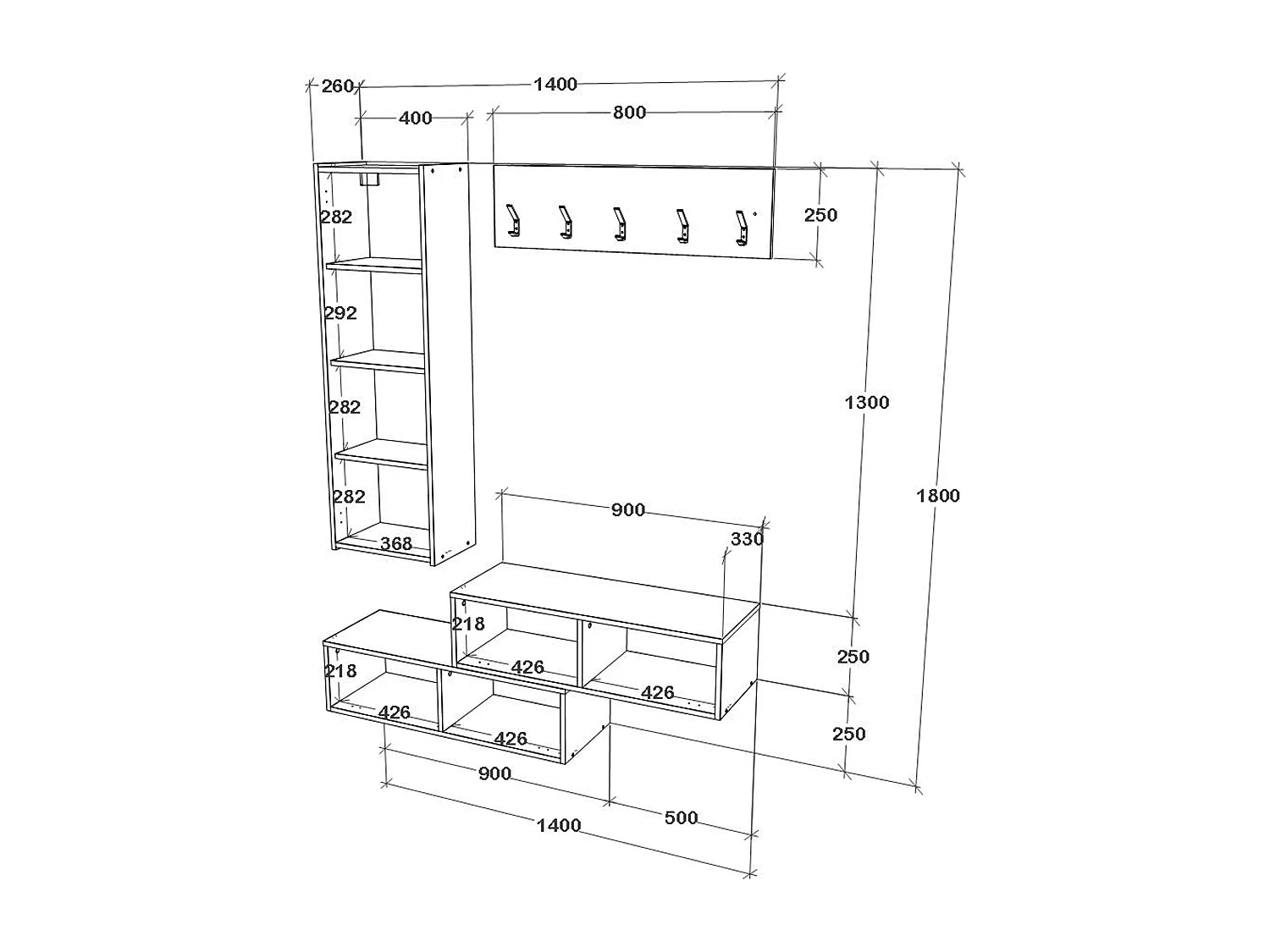 Garderobe Diego, Eiche Weiß/Weiß, 140 x 28 x 180 cm