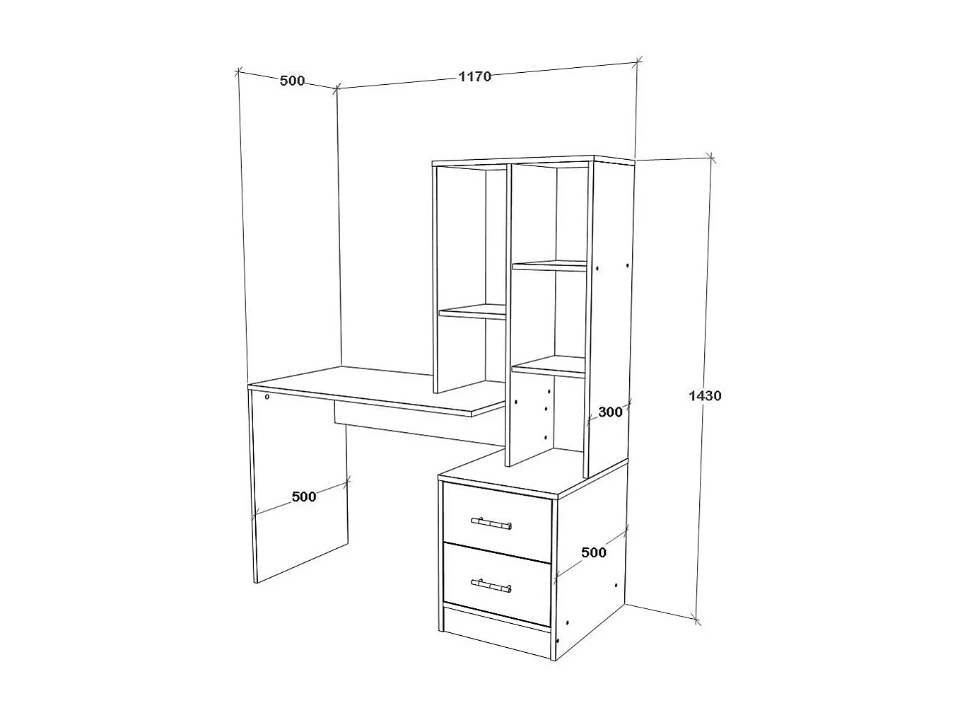 Bureau  Kobe, 2 Laden, 3 Planken, wit, 117 x 50 x 143 cm