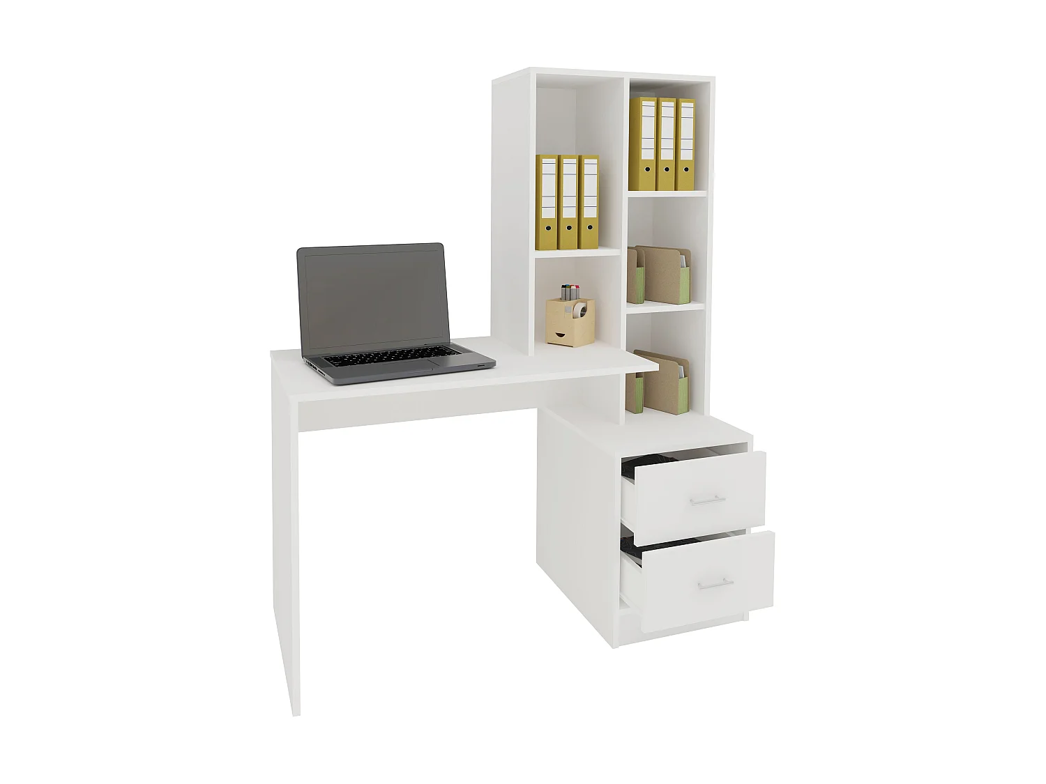 Scrivania haaus Kobe, 2 cassetti, 3 ripiani, Bianco, 117 x 50 x 143 cm