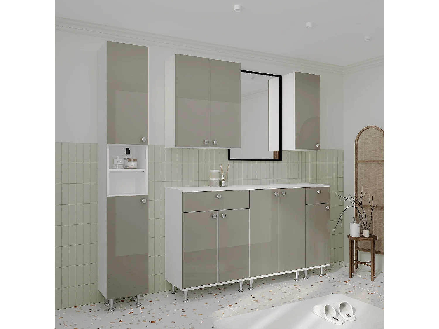 Coluna de casa de banho haaus Zaria, 2 portas, Gris brillant/Blanc, MDF, C 30 x L 27 x A 190 cm