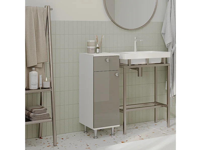 Meuble de Salle de Bain haaus Zaria, 1 Tiroir, 1 Porte, Gris Brillant/Blanc, MDF, L 30 x l 35 x H 85 cm