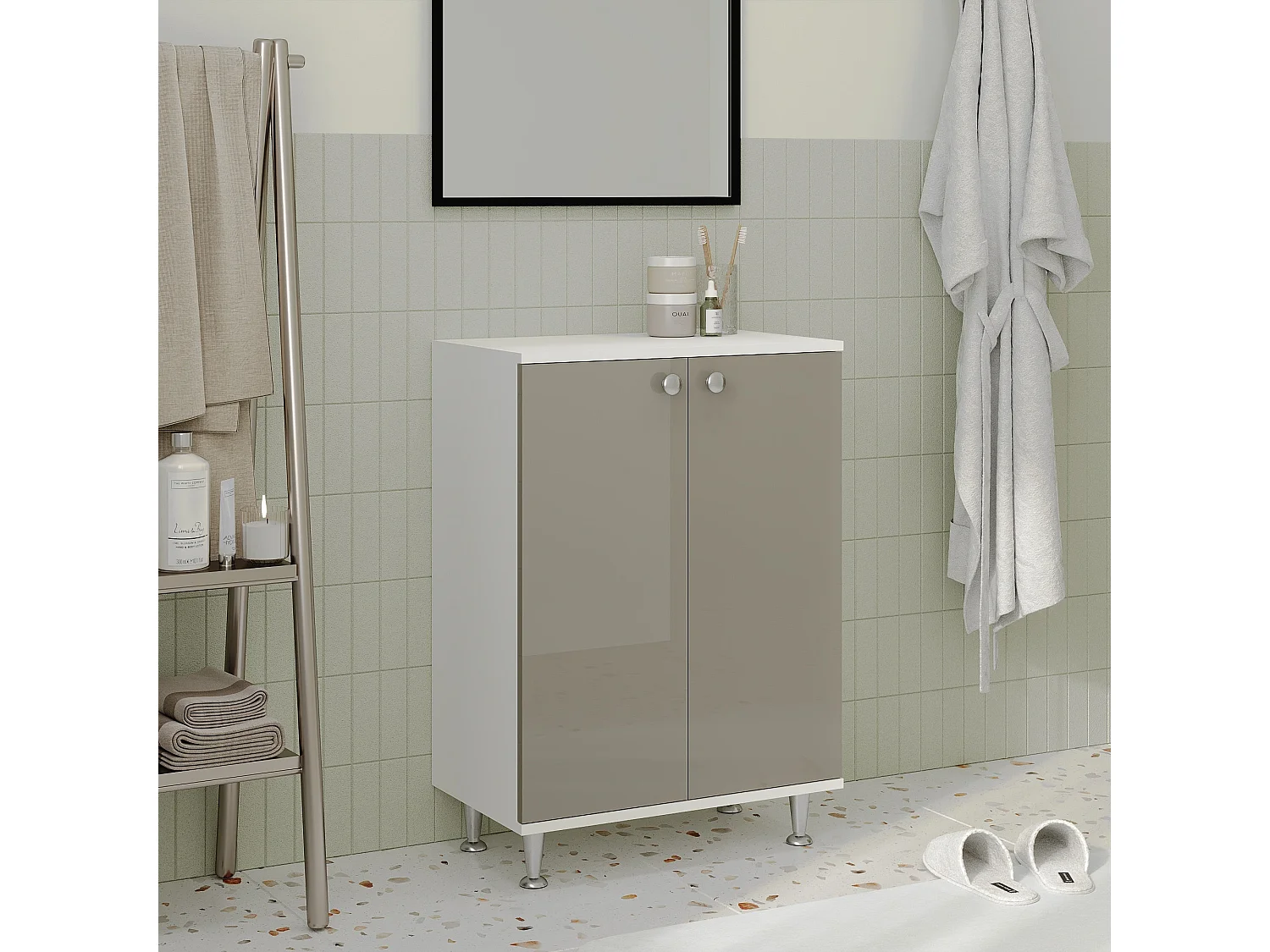Mueble de baño haaus Zaria, 2 Puertas, Gris Brillante/Blanco, MDF, L 60 x An 35 x Al 85 cm