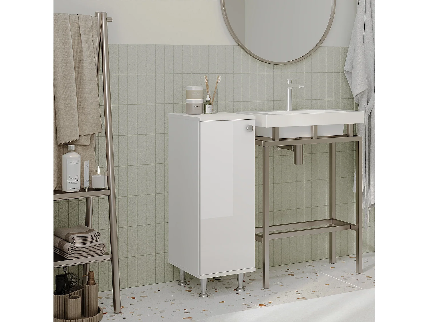 Meuble de Salle de Bain haaus Zaria, 1 Porte, Blanc Brillant/Blanc, MDF, L 30 x l 35 x H 85 cm