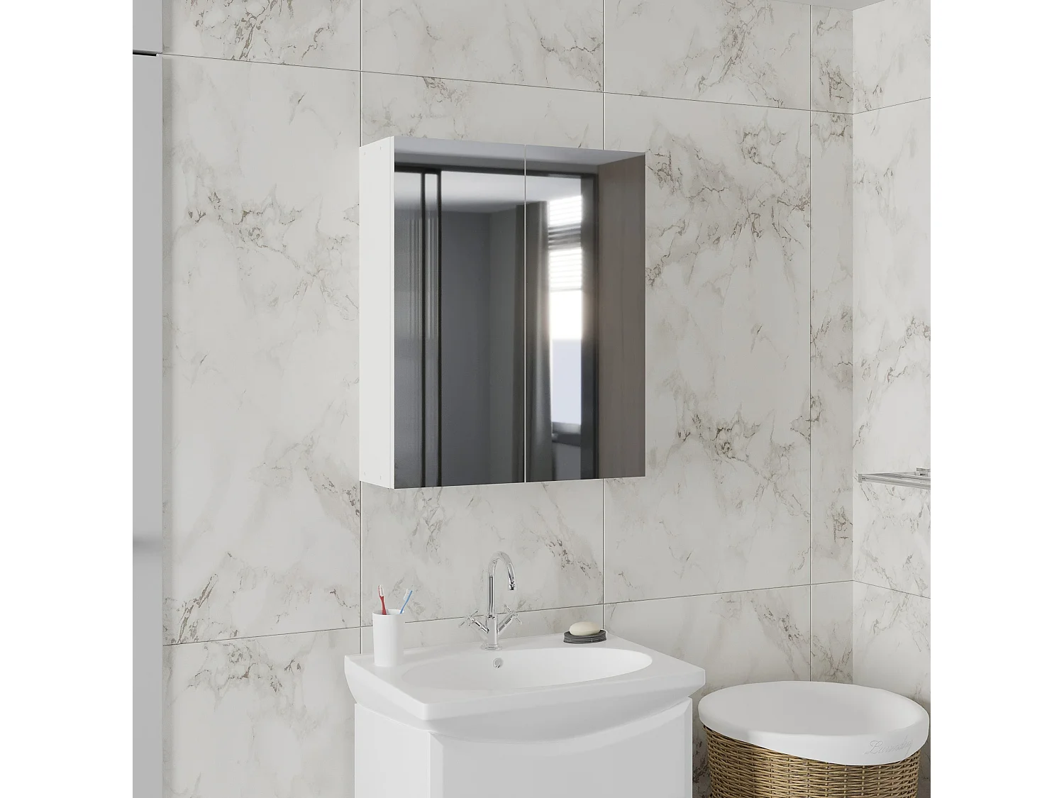 Meuble de Salle de Bain haaus Zed, Suspendu, 2 Portes, avec miroir, Blanc, 60 x 22 x 72 cm
