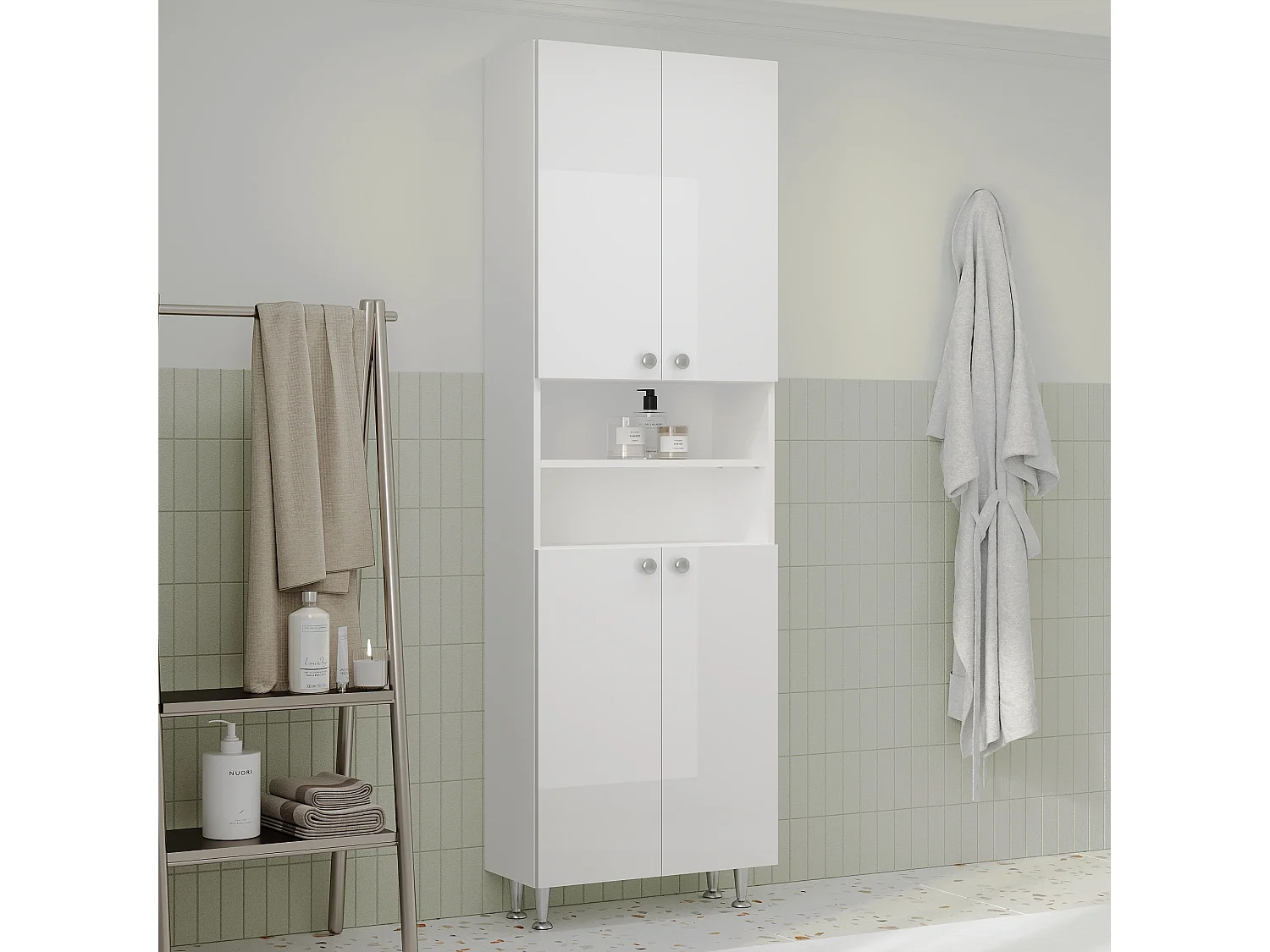 Coluna de casa de banho haaus Zaria, 4 portas, branco brilhante/branco, MDF, L 60 x P 27 x A 190 cm