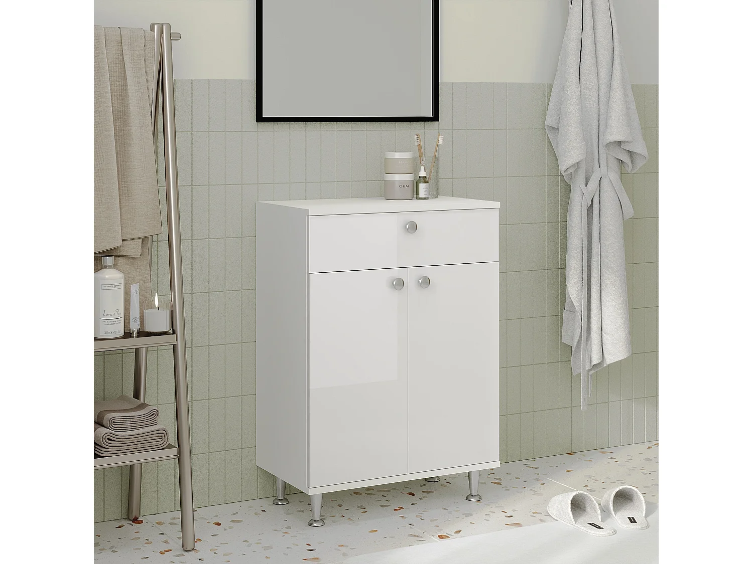 Meuble de Salle de Bain haaus Zaria, 1 Tiroir, 2 Portes, Blanc Brillant/Blanc, MDF, L 60 x l 35 x H 85 cm