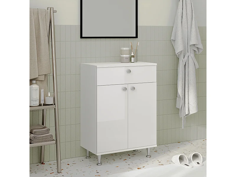Meuble de Salle de Bain haaus Zaria, 1 Tiroir, 2 Portes, Blanc Brillant/Blanc, MDF, L 60 x l 35 x H 85 cm