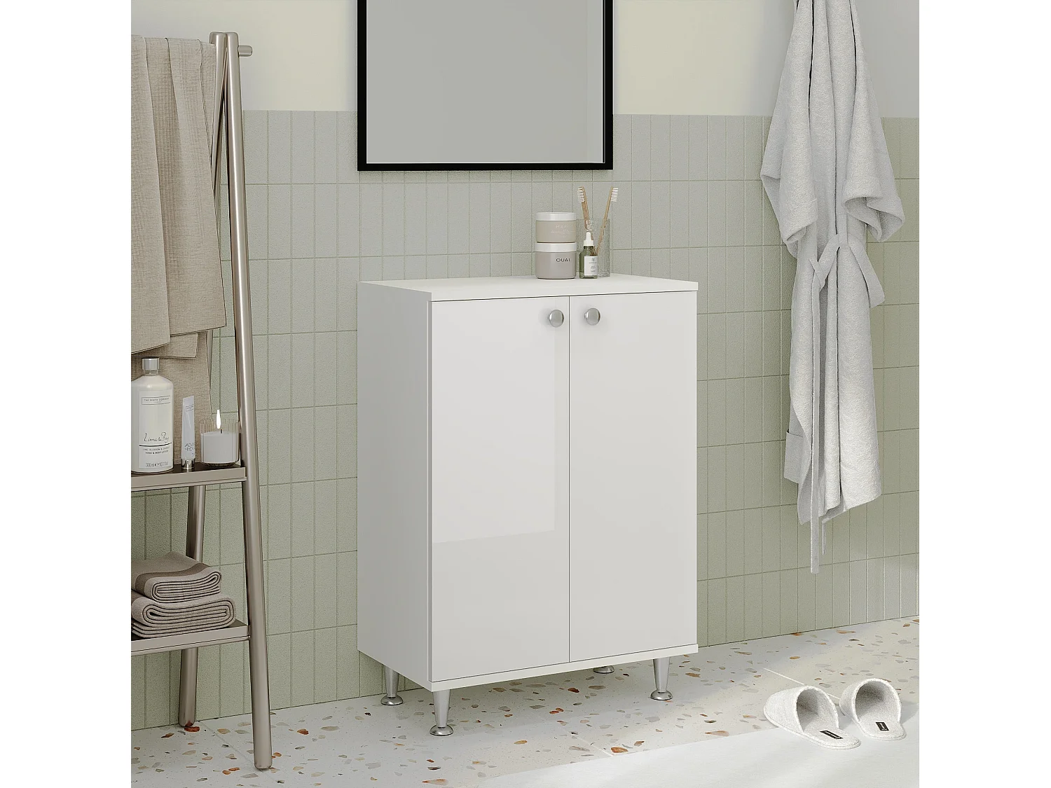 Meuble de Salle de Bain haaus Zaria, 2 Portes, Blanc Brillant/Blanc, MDF, L 60 x l 35 x H 85 cm