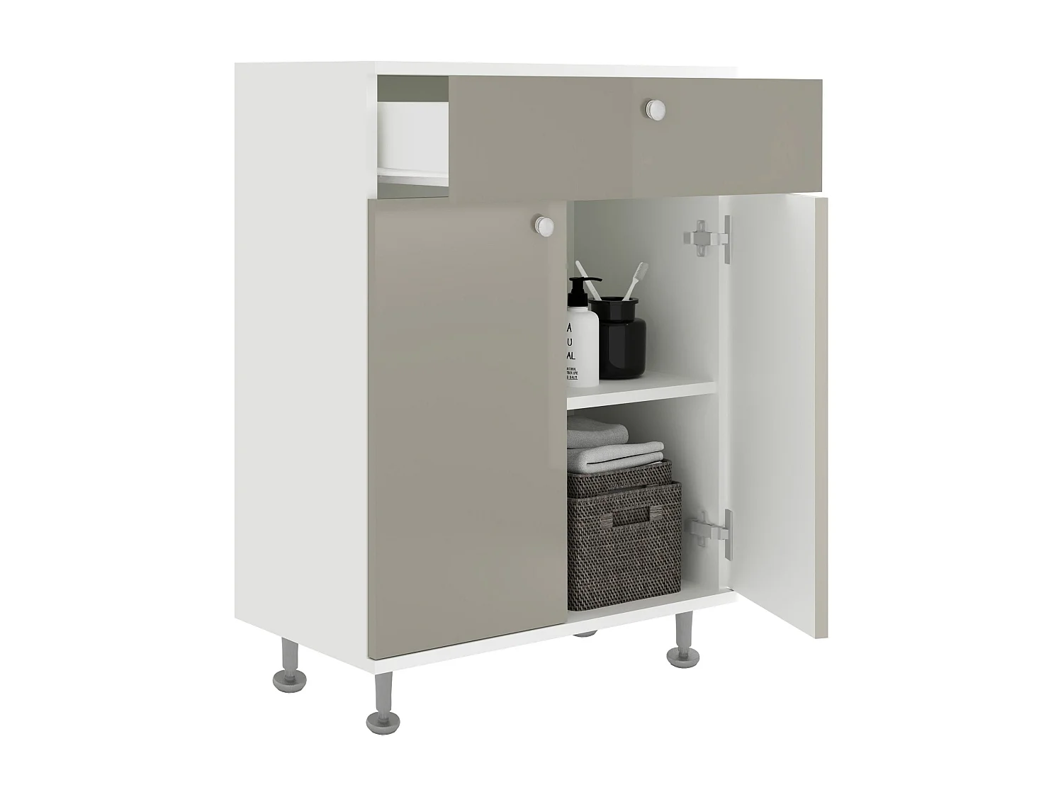 Meuble de Salle de Bain haaus Zaria, 1 Tiroir, 2 Portes, Gris Brillant/Blanc, MDF, L 60 x l 35 x H 85 cm