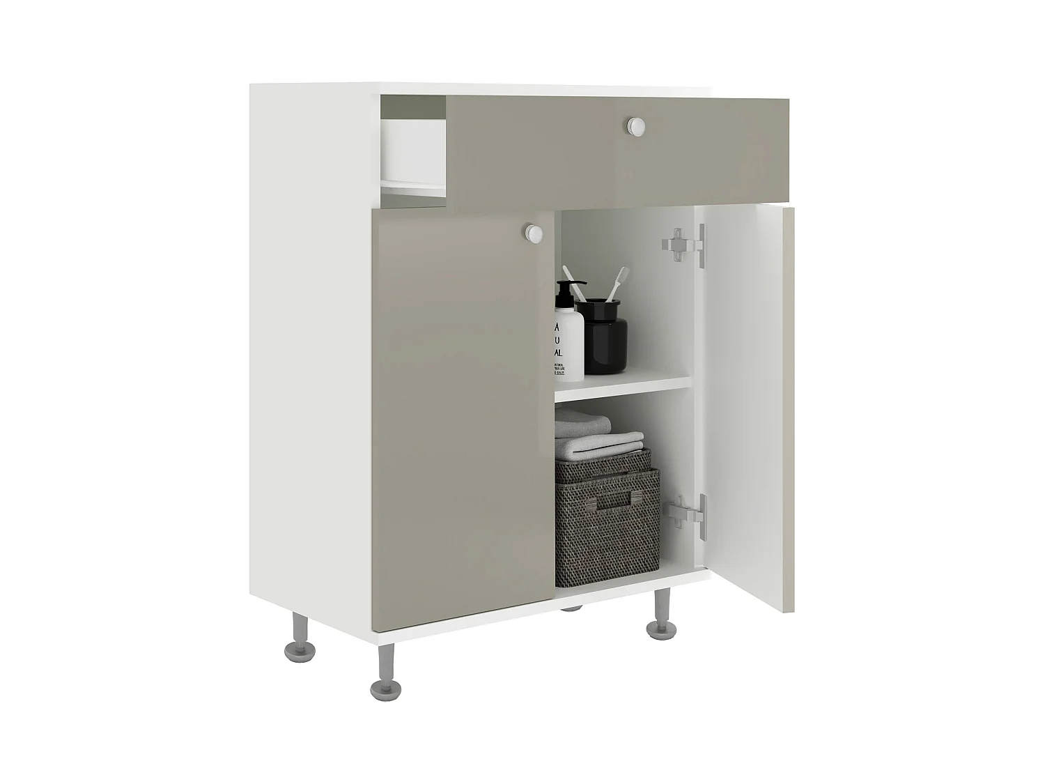 Meuble de Salle de Bain haaus Zaria, 1 Tiroir, 2 Portes, Gris Brillant/Blanc, MDF, L 60 x l 35 x H 85 cm