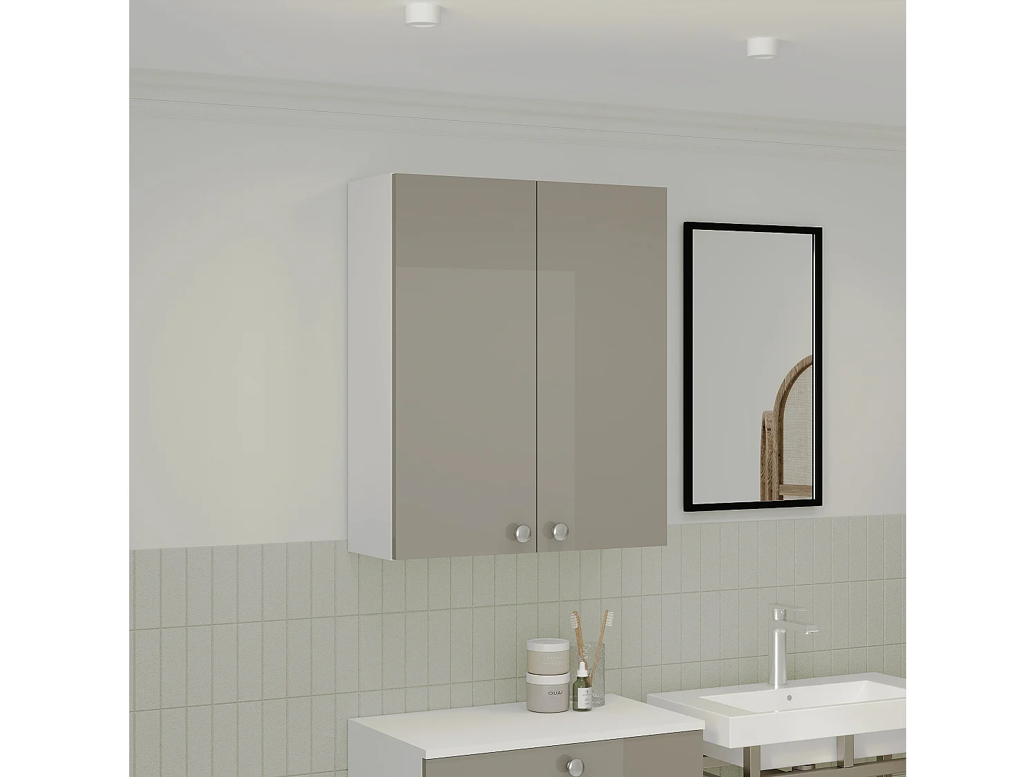 Mueble de cuarto de baño haaus Zaria, suspendido, 2 puertas, gris/blanco brillo, MDF, L 60 x A 22 x A 72 cm
