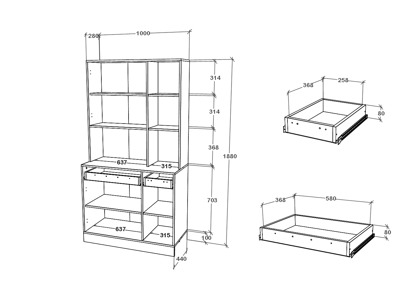 Buffet Hugo haaus, Anthracite/Blanc, 100 x 44 x 188 cm