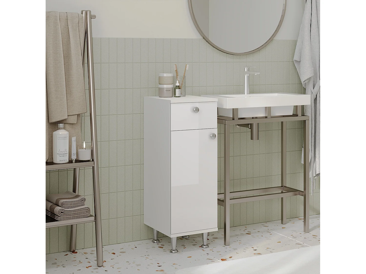 Meuble de Salle de Bain haaus Zaria, 1 Tiroir, 1 Porte, Blanc Brillant/Blanc, MDF, L 30 x l 35 x H 85 cm