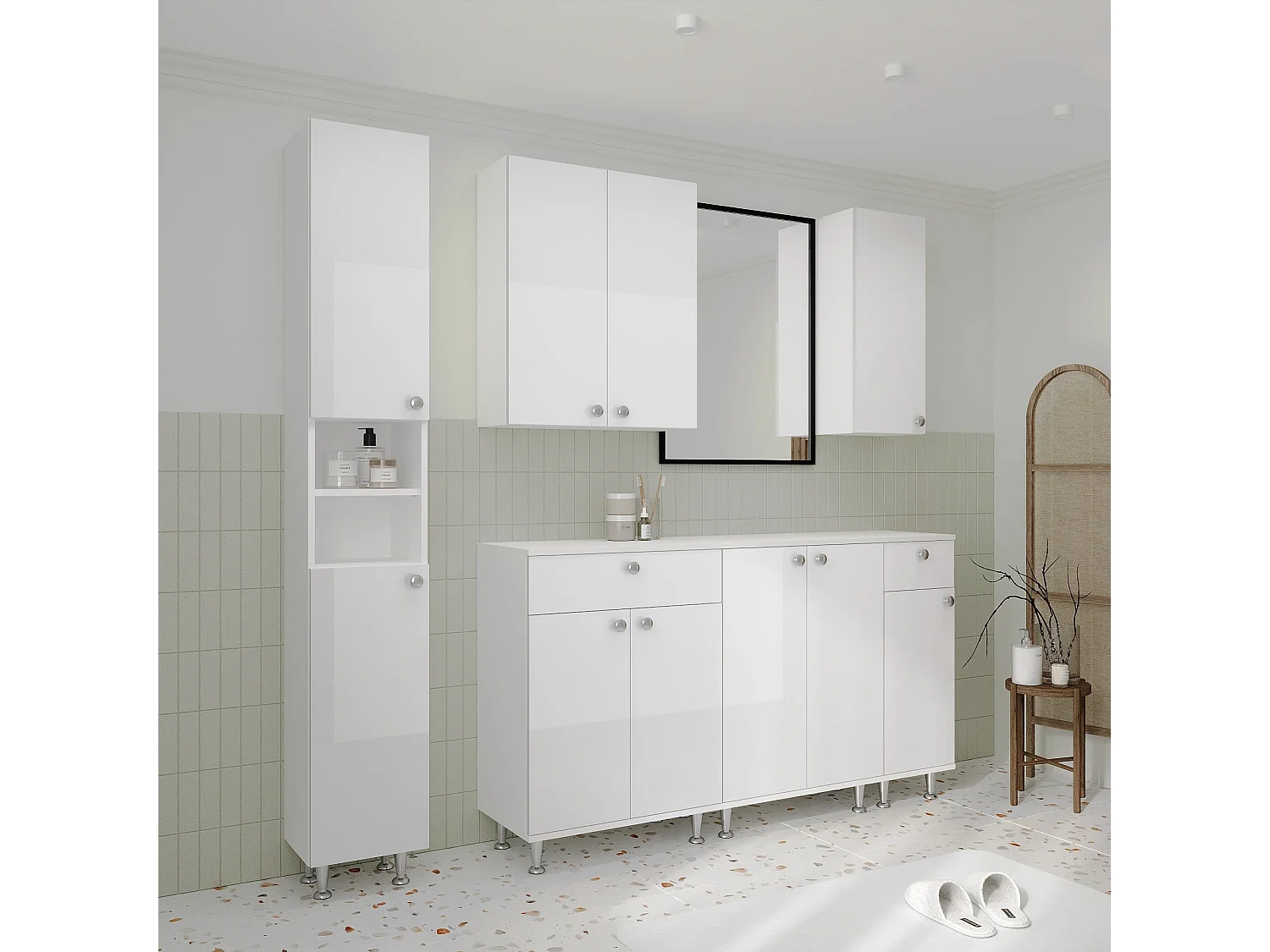 Meuble de Salle de Bain haaus Zaria, 1 Tiroir, 1 Porte, Blanc Brillant/Blanc, MDF, L 30 x l 35 x H 85 cm