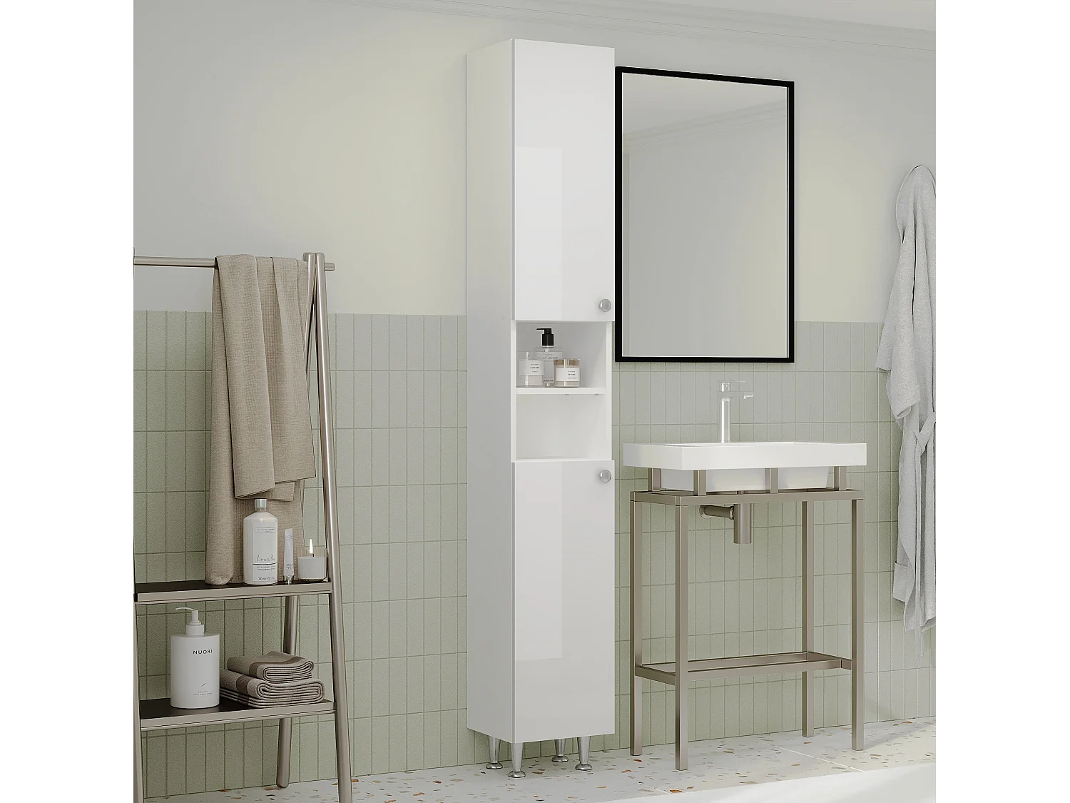 Badkamerkolomkast Zaria, 2 deuren, wit hoogglans/wit, MDF, L 30 x l 27 x H 190 cm