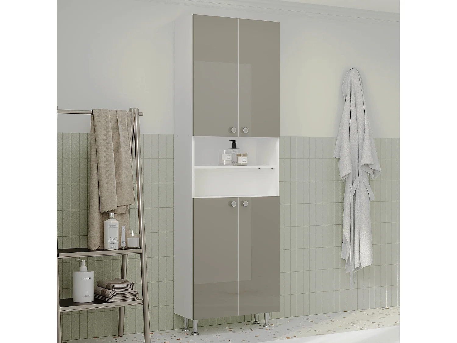 Coluna de casa de banho haaus Zaria, 4 portas, cinzento brilhante/branco, MDF, L 60 x P 27 x A 190 cm