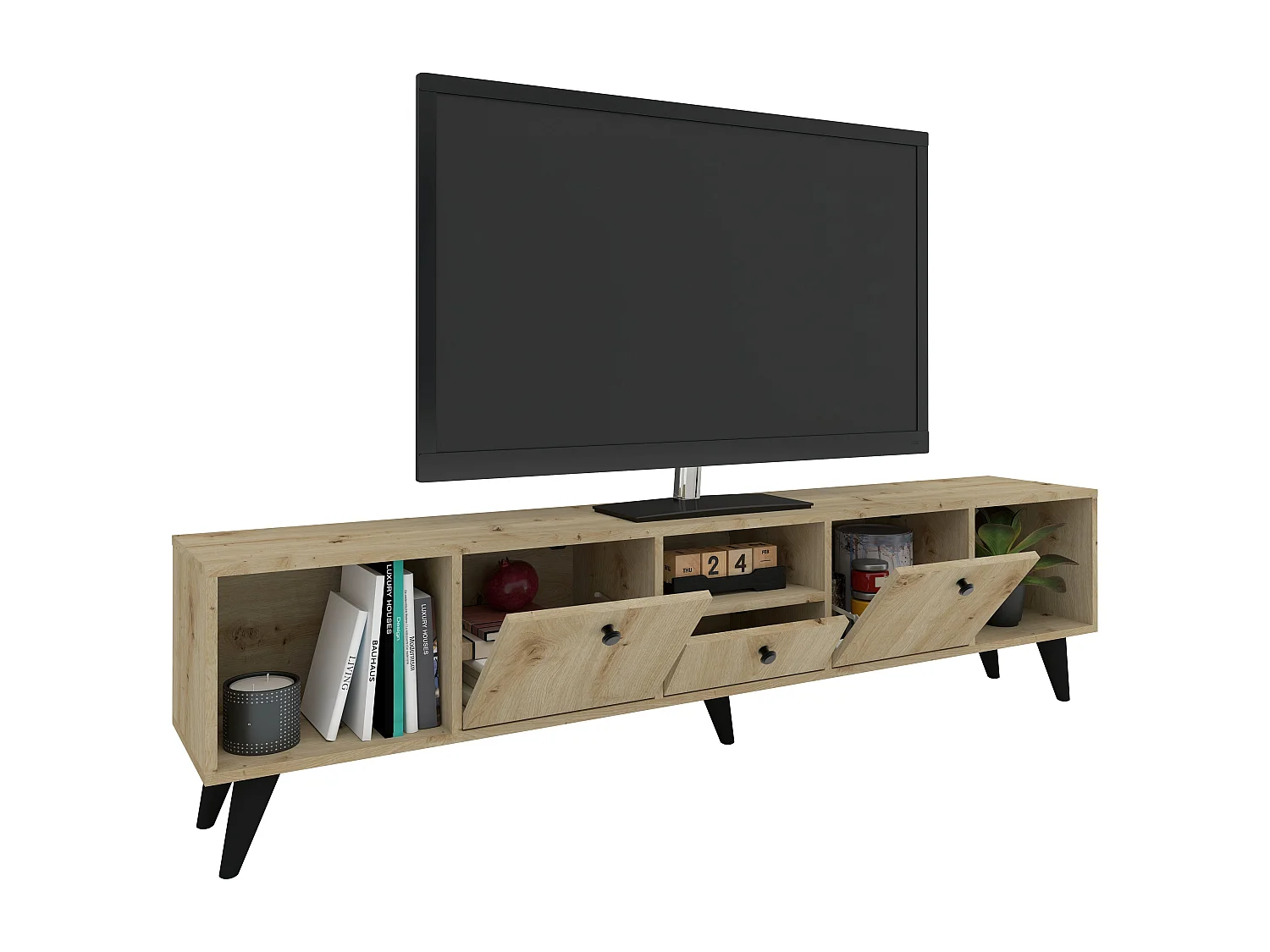 Mueble de TV haaus Malta, 3 puertas, 3 cajones, Roble artisan, 180 x 30 x 45 cm