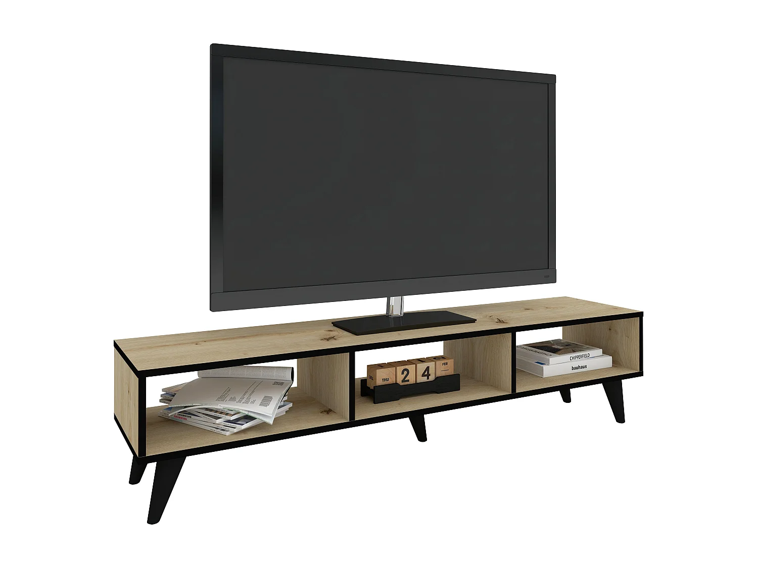 Meuble TV haaus Tirro V2, Chêne artisan/Noir, 150 x 35 x 35 cm