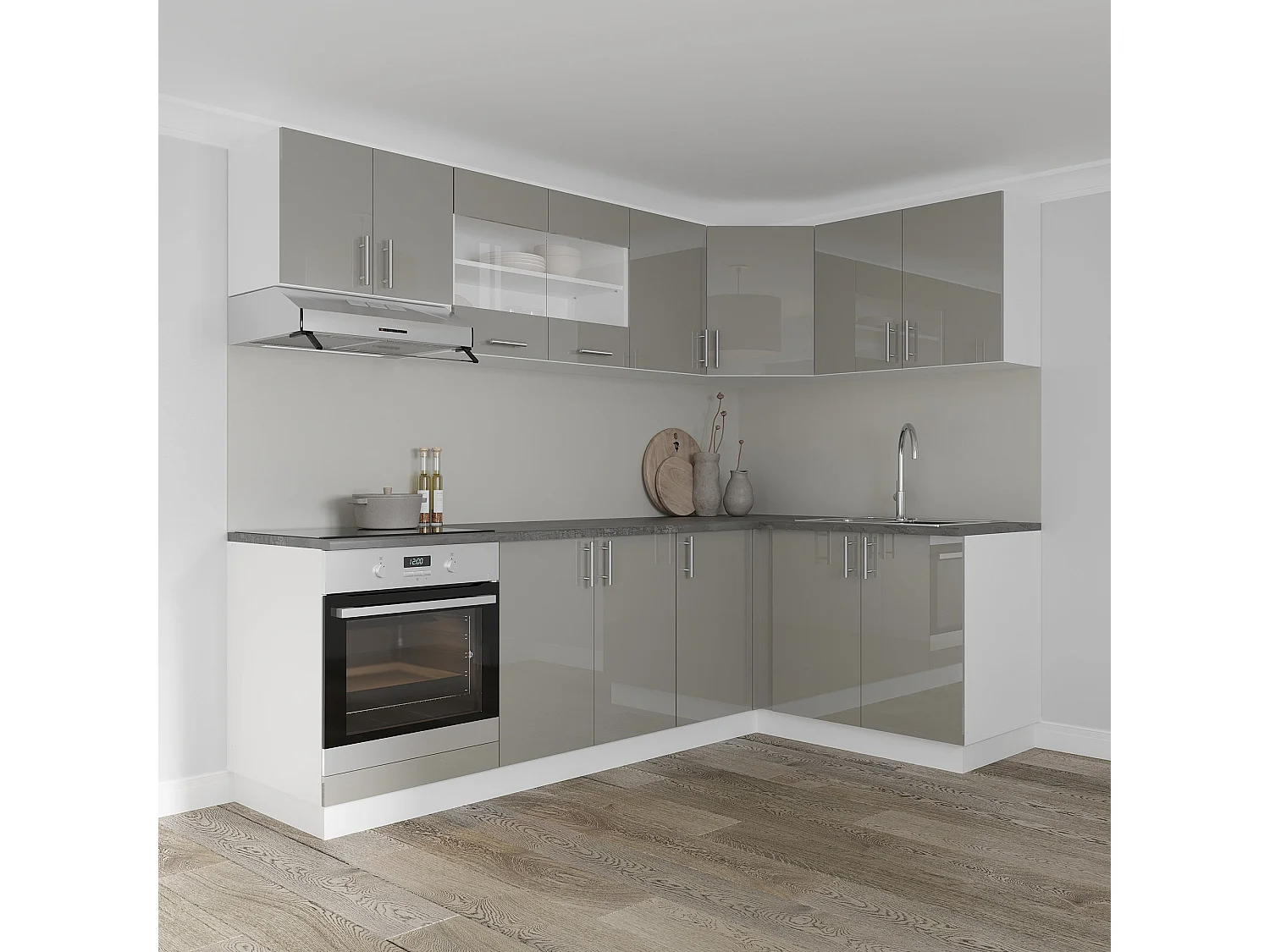 Eck-Unterschrank Karo, Hochglanz Grau/Weiß, MDF, 98 x 50 x 80 cm