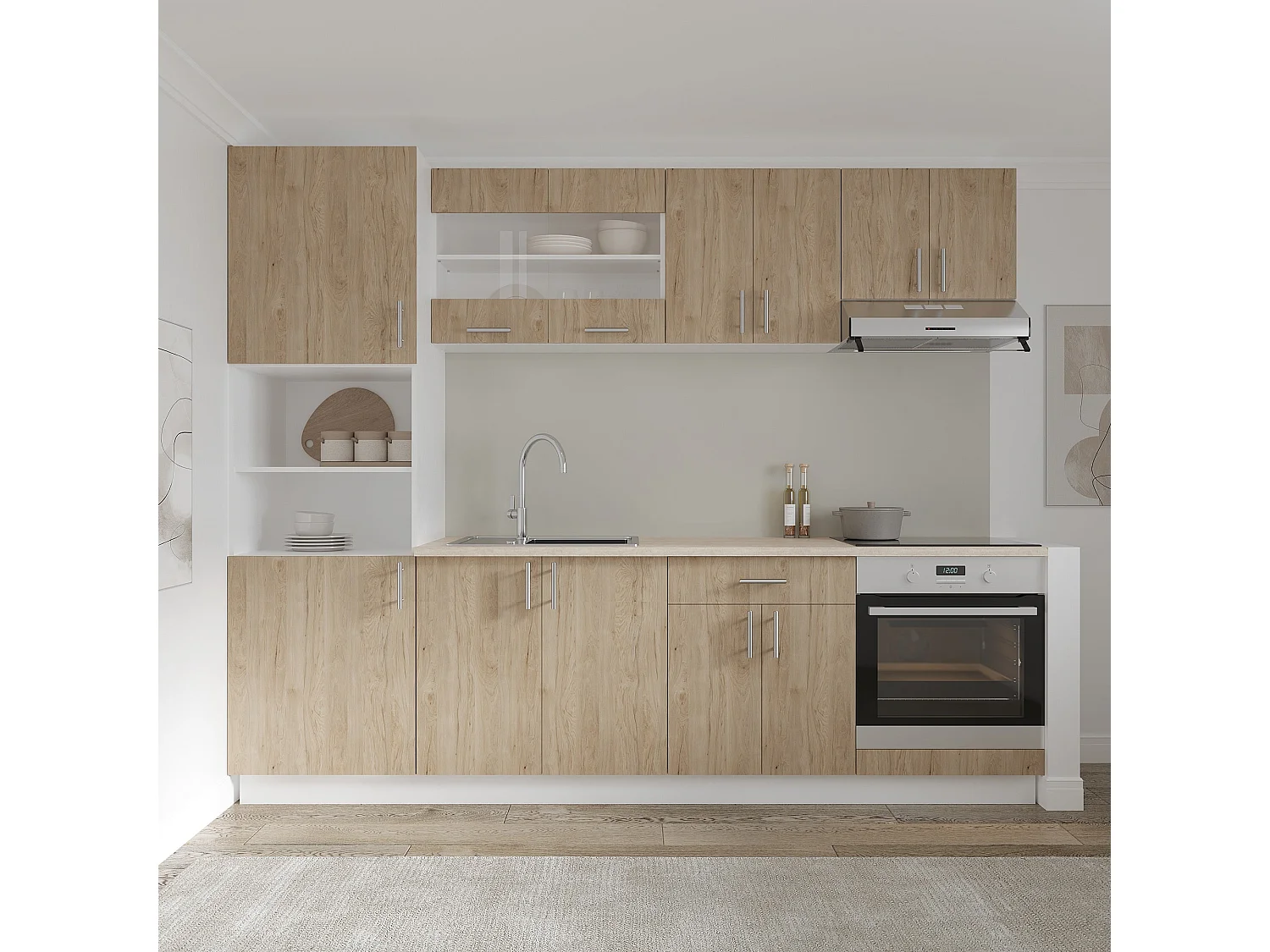 Mobile colonna haaus Karo, 2 ante, con spazio forno, Legno Naturale/Bianco, 60 x 57 x 210 cm
