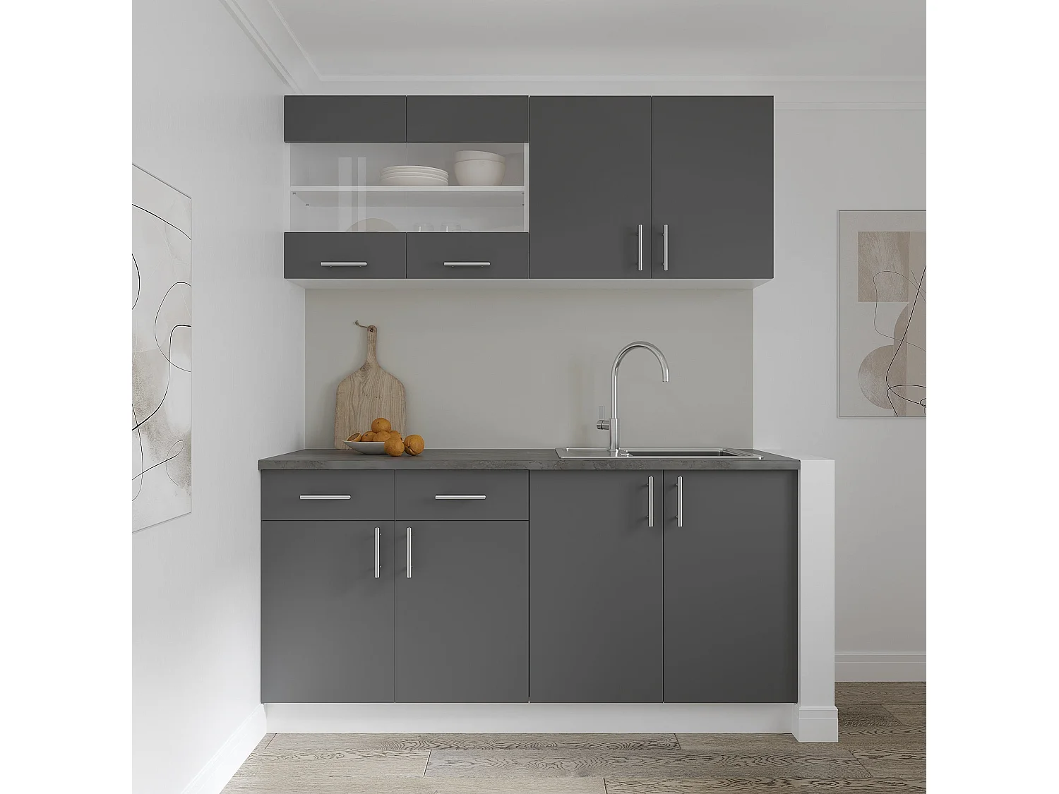 Oberschrank Karo, 2 Türen, mit Glas, Anthrazit/Weiß, 80 x 30 x 60 cm