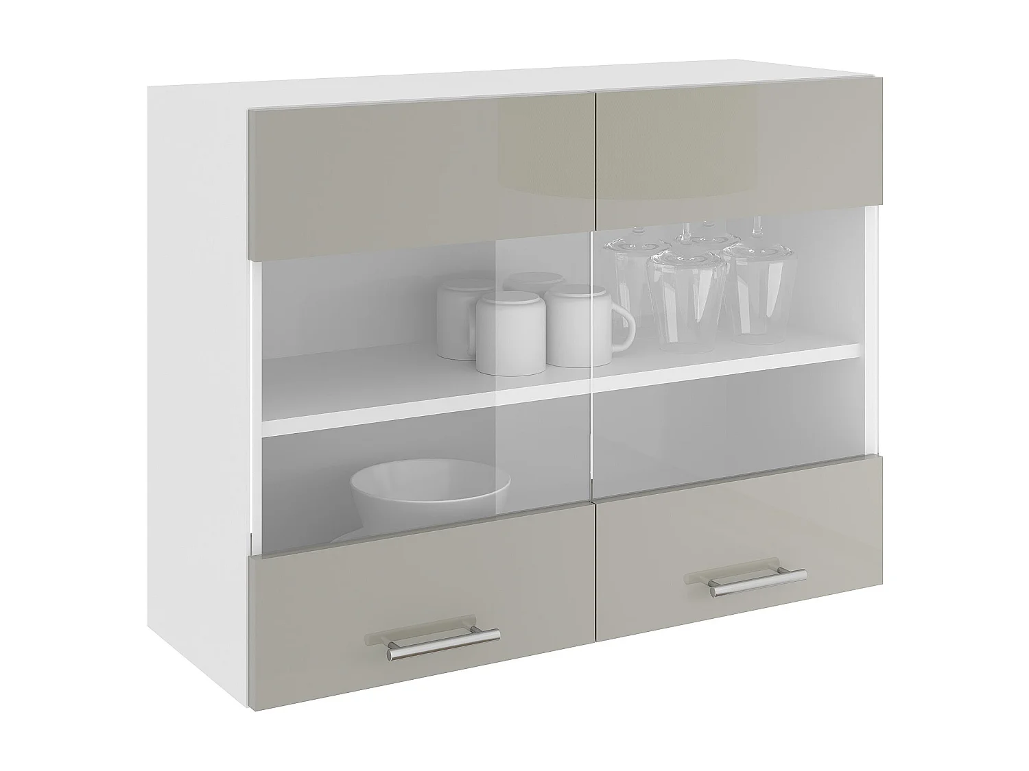 Meuble haut haaus Karo, 2 portes vitrées, Gris Brillant/Blanc, MDF, 80 x 30 x 60 cm