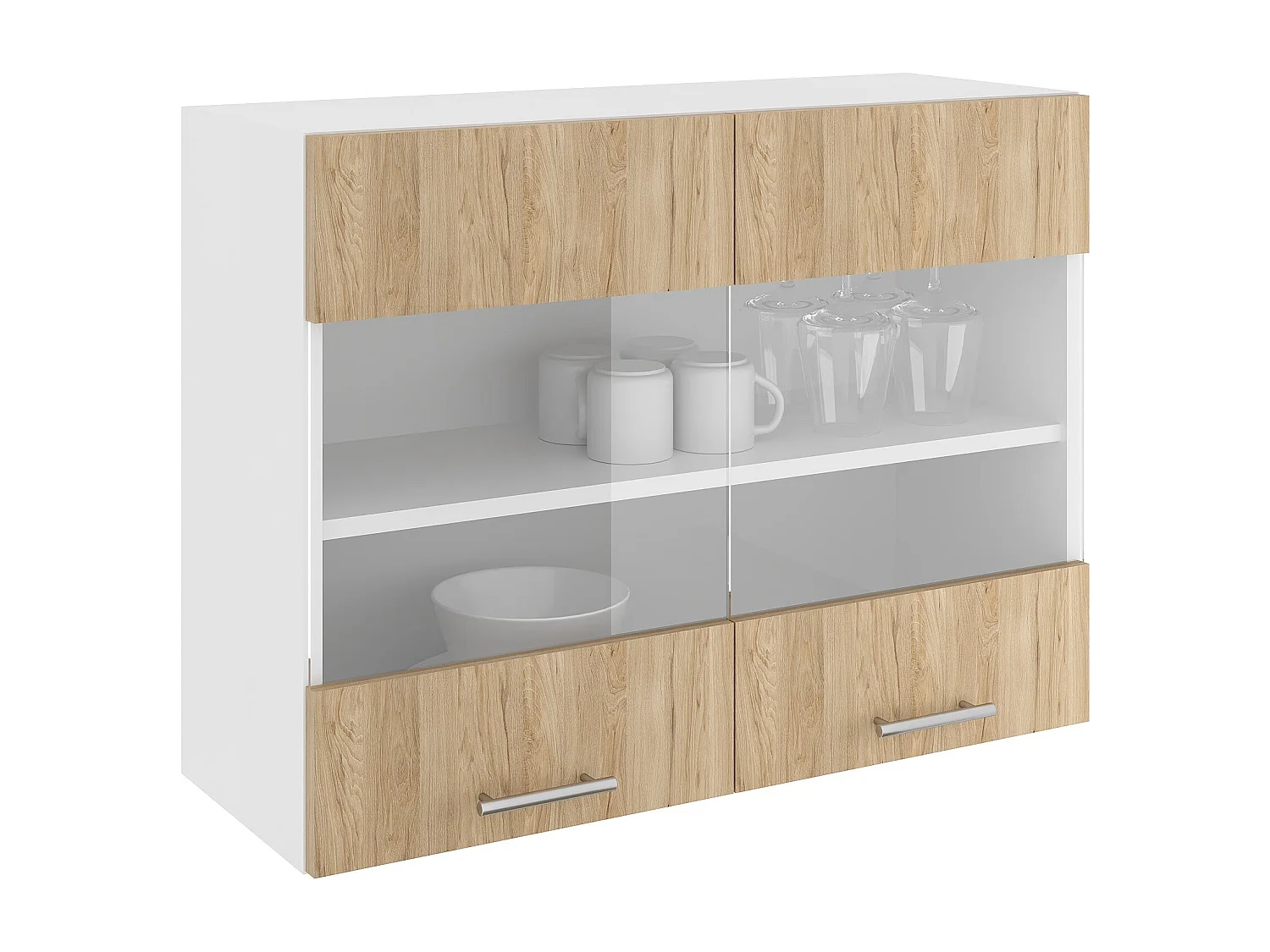 Armario de pared Karo, 2 puertas de cristal, Madera natural/Blanco, 80 x 30 x 60 cm