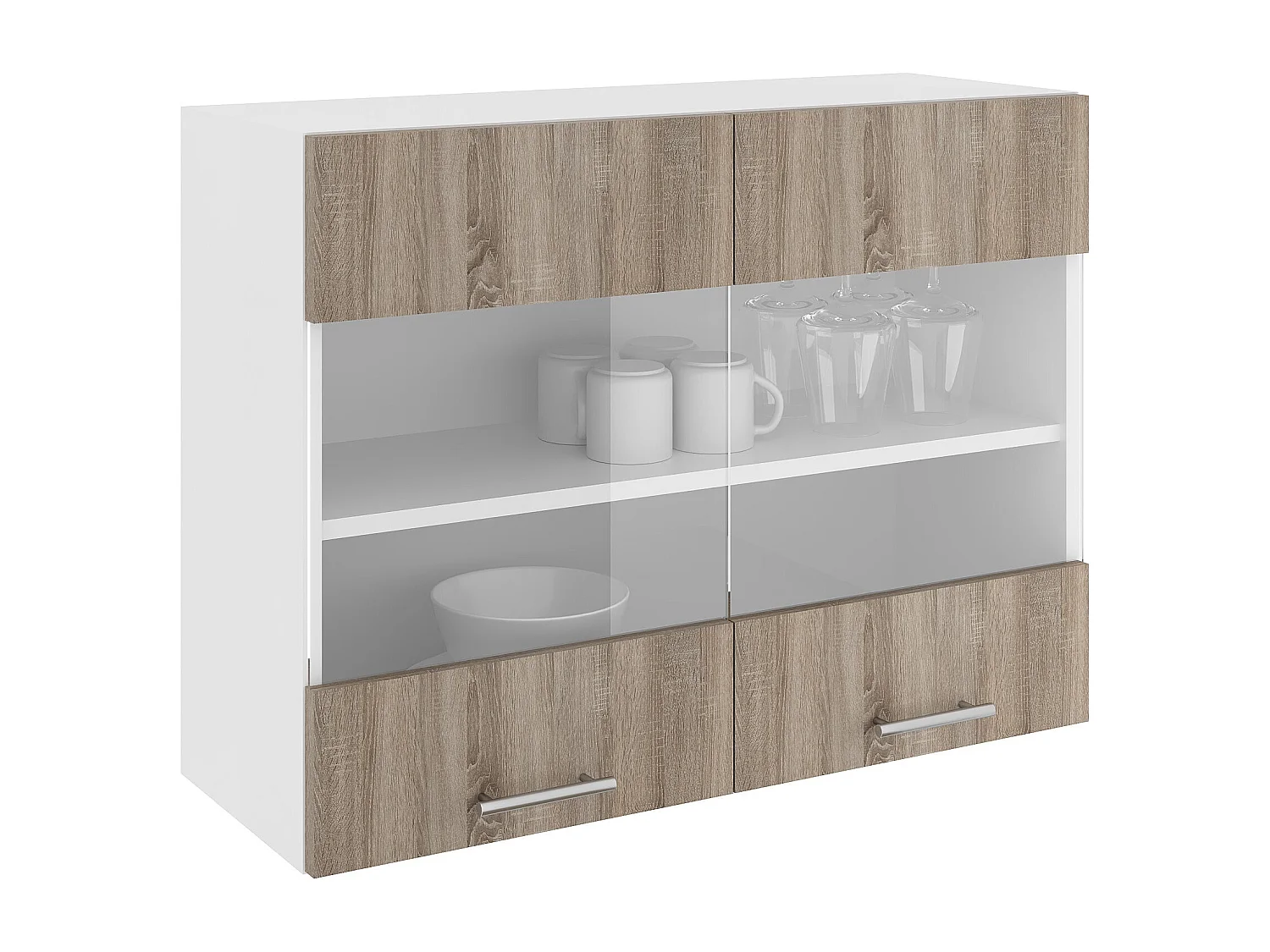 Bovenkast Karo, 2 Deuren, met glas, Donker Sonoma eiken/Wit, 80 x 30 x 60 cm