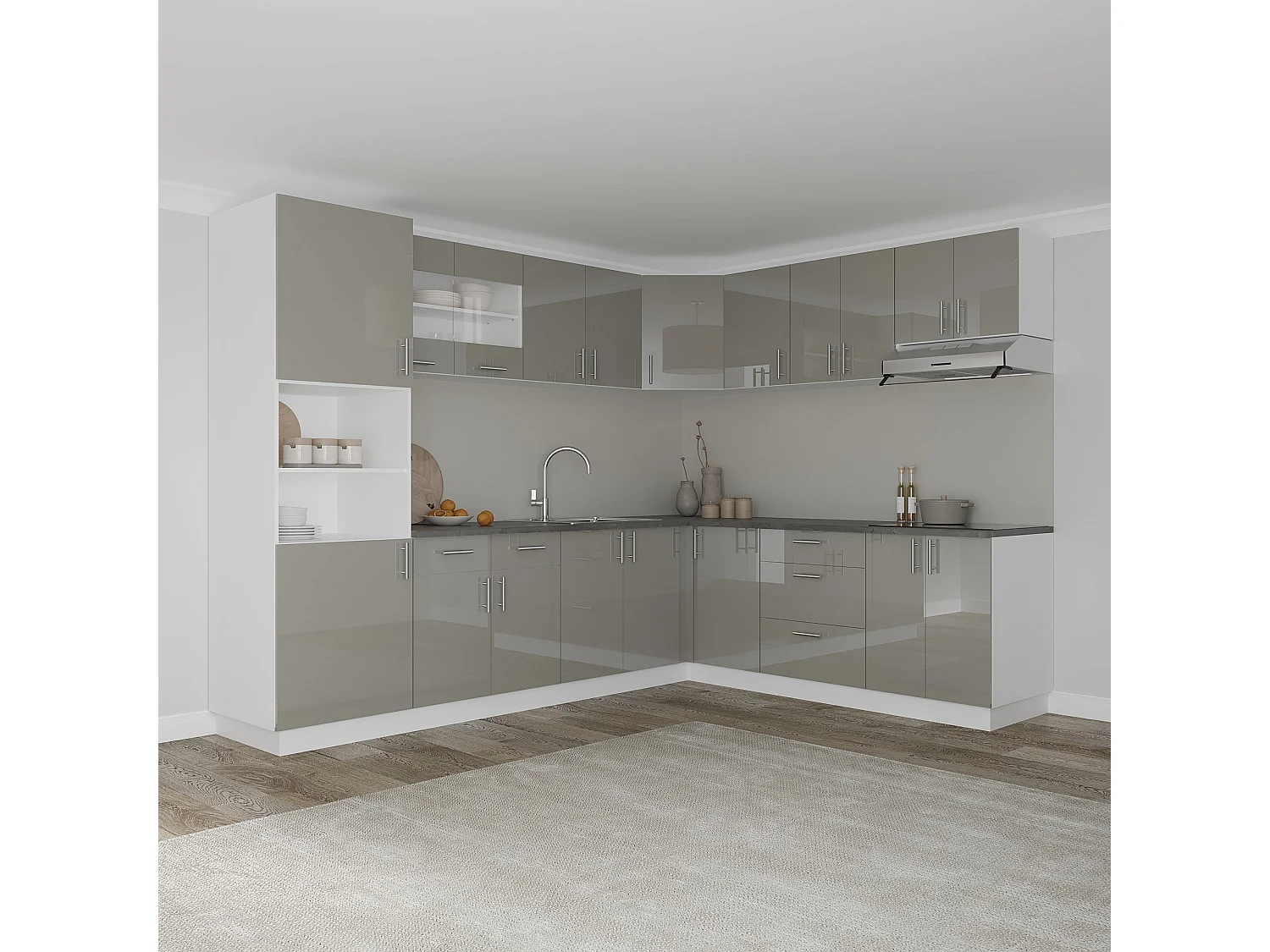 Eck-Oberschrank Karo, Hochglanz Grau/Weiß, MDF, 60 x 60 x 60 cm