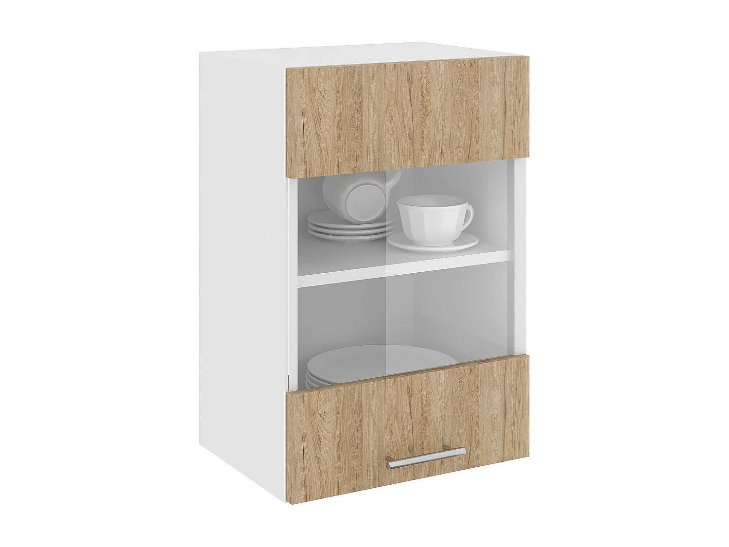 Bovenkast Karo, 1 Deur, met glas, Natuurhout/Wit, 40 x 30 x 60 cm