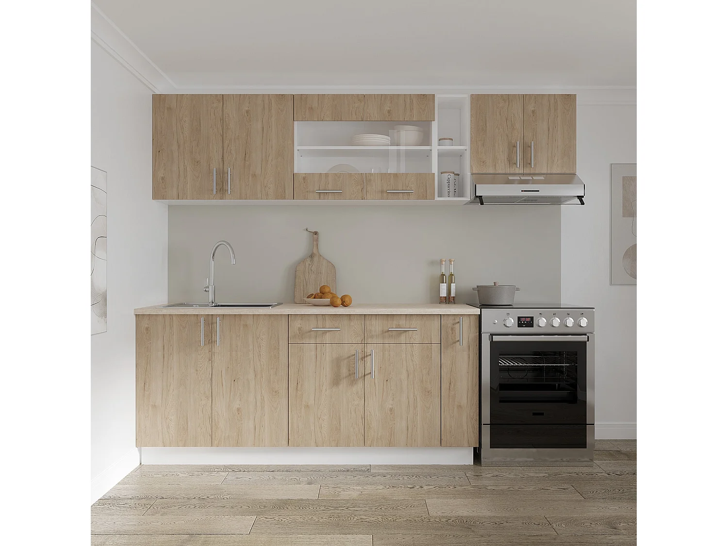 Mueble bajo haaus Karo, 2 cajones, 2 puertas, Madera Natural/Blanco, 80 x 50 x 80 cm