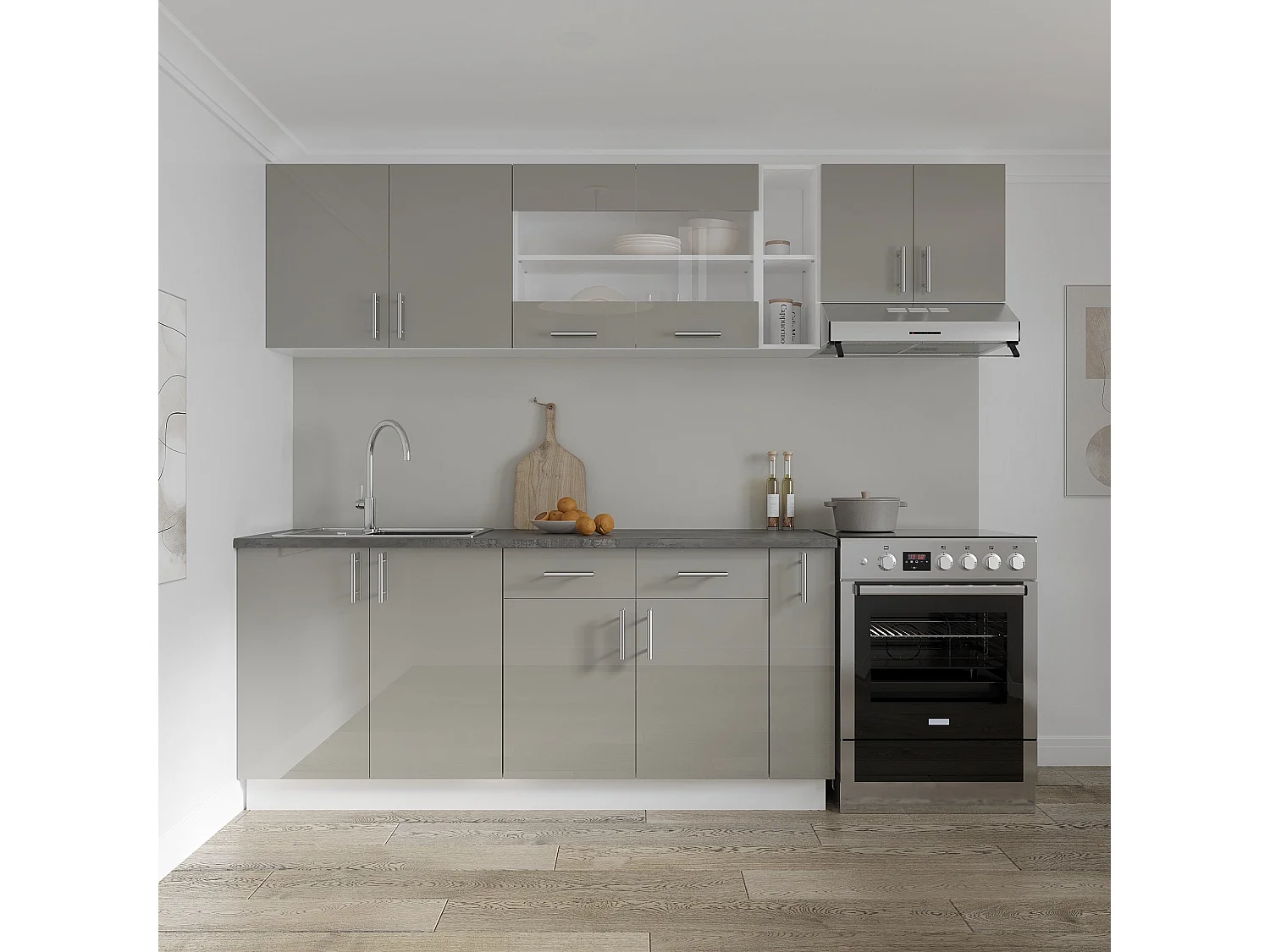 Meuble bas haaus Karo, 2 tiroirs, 2 portes, Gris Brillant/Blanc, MDF, 80 x 50 x 80 cm