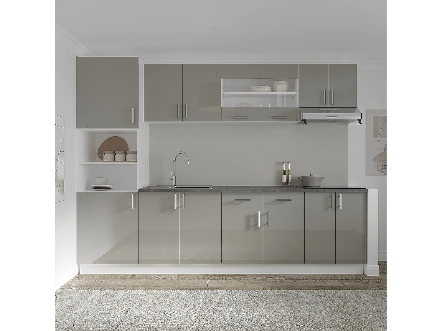 Meuble bas haaus Karo, 2 tiroirs, 2 portes, Gris Brillant/Blanc, MDF, 80 x 50 x 80 cm