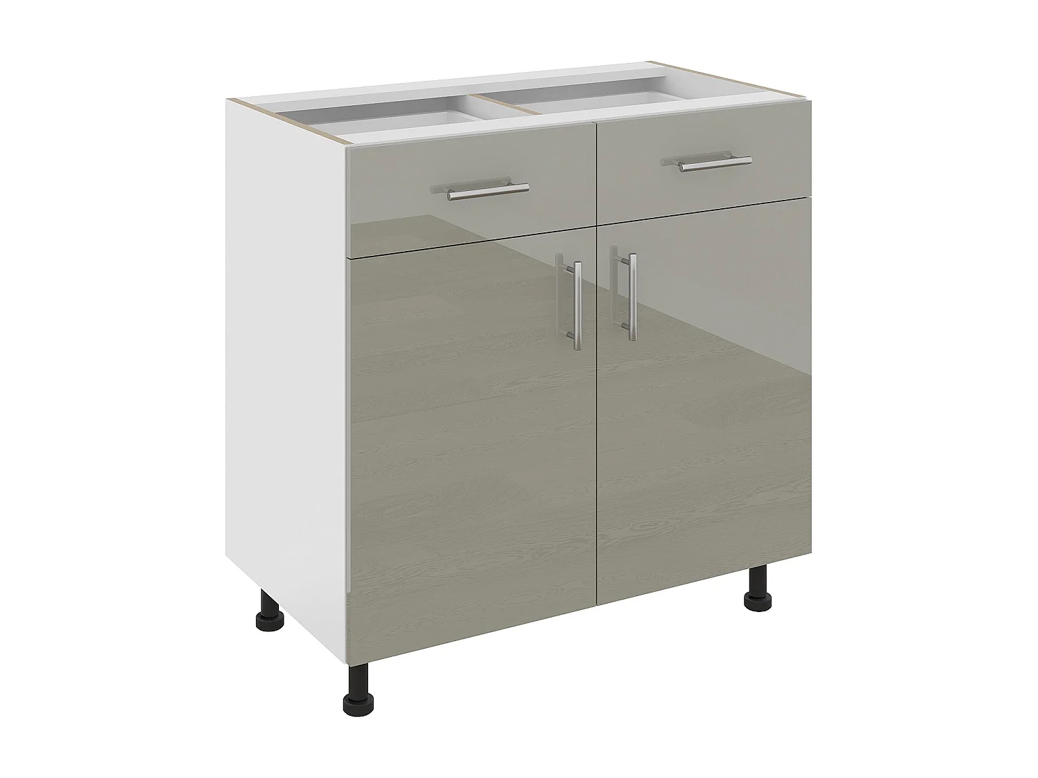 Unterschrank Karo, 2 Schubladen, 2 Türen, Hochglanz Grau/Weiß, MDF, 80 x 50 x 80 cm