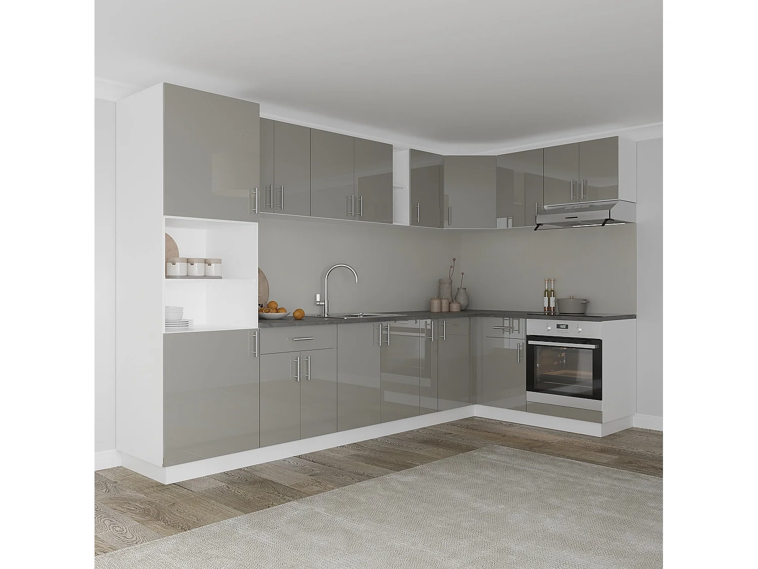 Colonna haaus Karo, 2 ante, con vano per forno, Grigio Lucido/Bianco, MDF, 60 x 50 x 200 cm