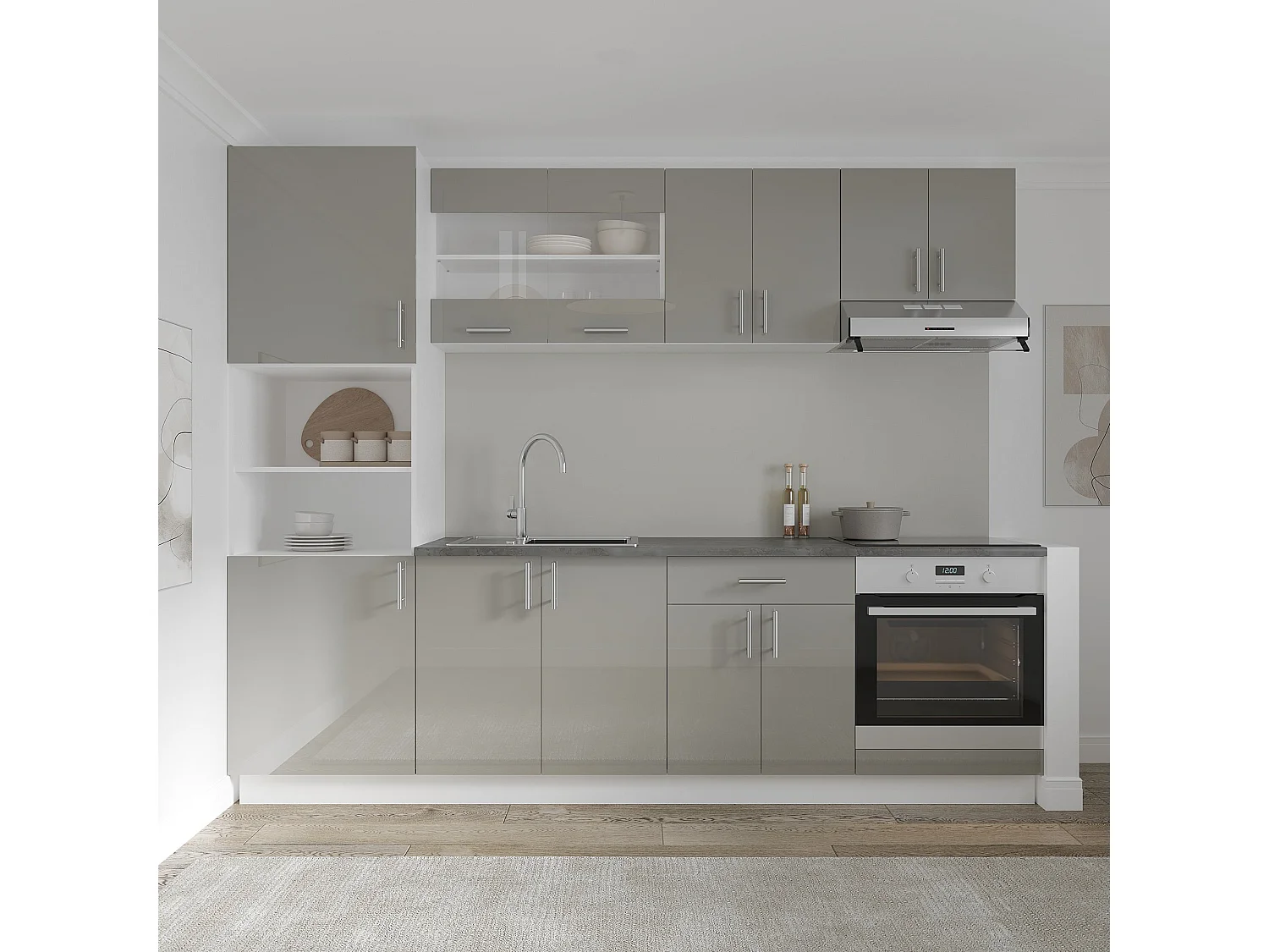 Colonne haaus Karo, 2 portes, avec niche pour four, Gris Brillant/Blanc, MDF, 60 x 50 x 210 cm